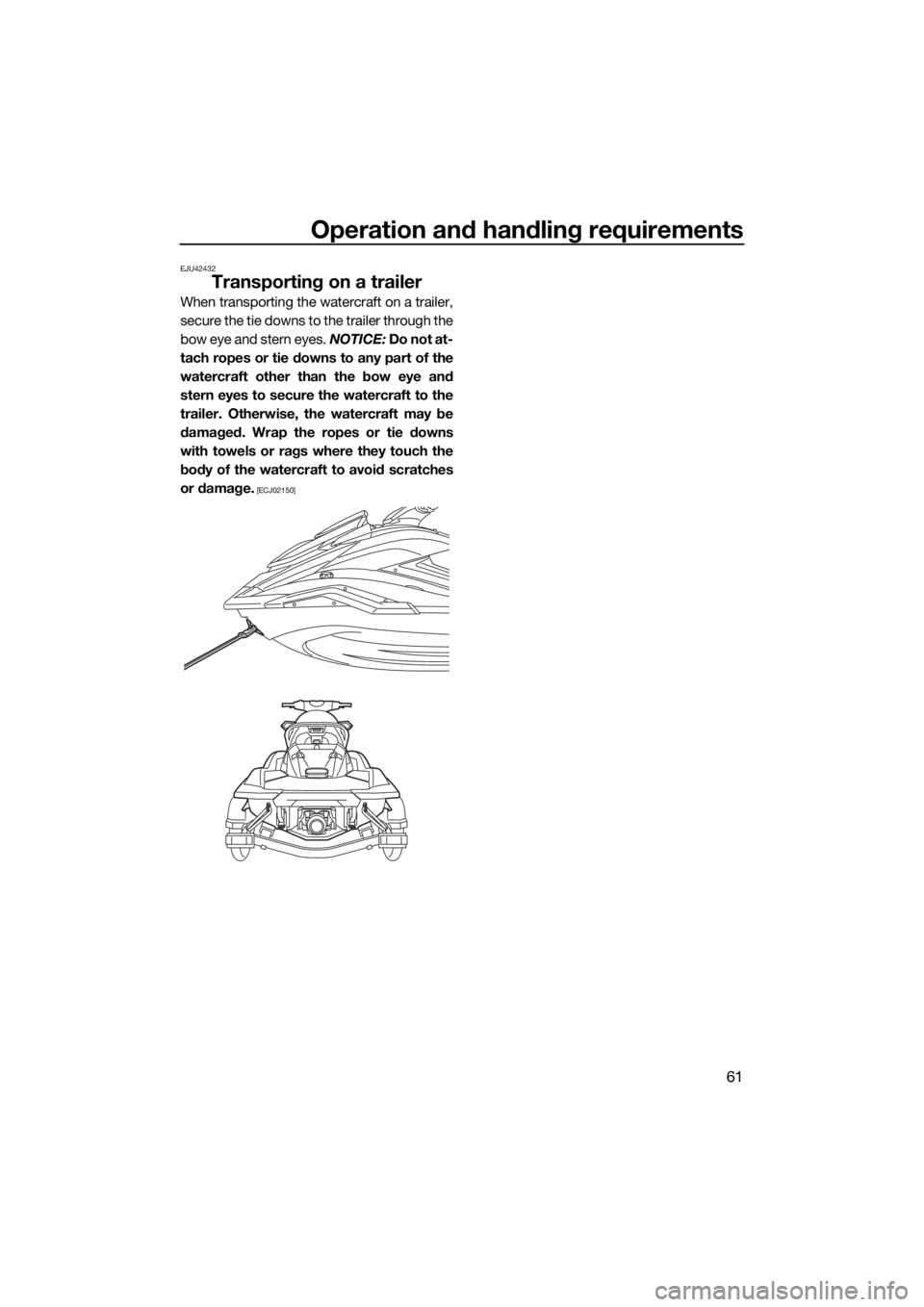 YAMAHA FX HO CRUISER 2019 Repair Manual Operation and handling requirements
61
EJU42432
Transporting on a trailer
When transporting the watercraft on a trailer,
secure the tie downs to the trailer through the
bow eye and stern eyes. NOTICE: