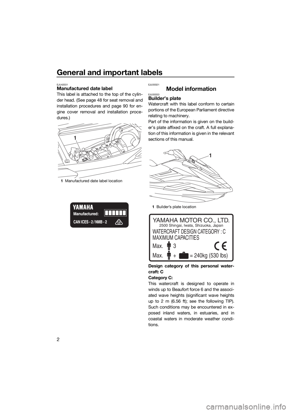 YAMAHA FX HO CRUISER 2019  Owners Manual General and important labels
2
EJU42031Manufactured date label
This label is attached to the top of the cylin-
der head. (See page 48 for seat removal and
installation procedures and page 90 for en-
g