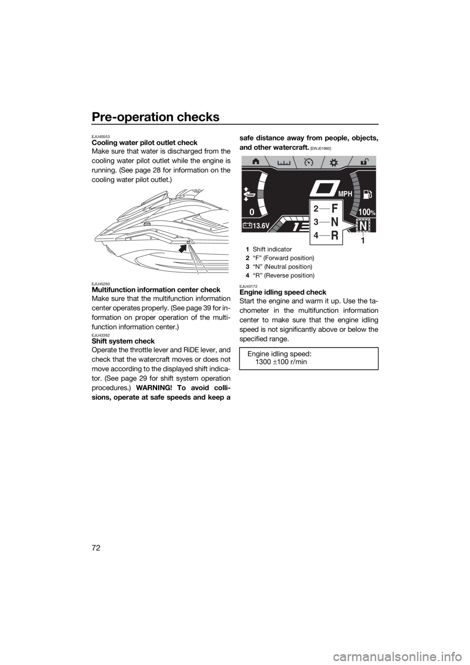 YAMAHA FX HO CRUISER 2019 Manual PDF Pre-operation checks
72
EJU40553Cooling water pilot outlet check
Make sure that water is discharged from the
cooling water pilot outlet while the engine is
running. (See page 28 for information on the