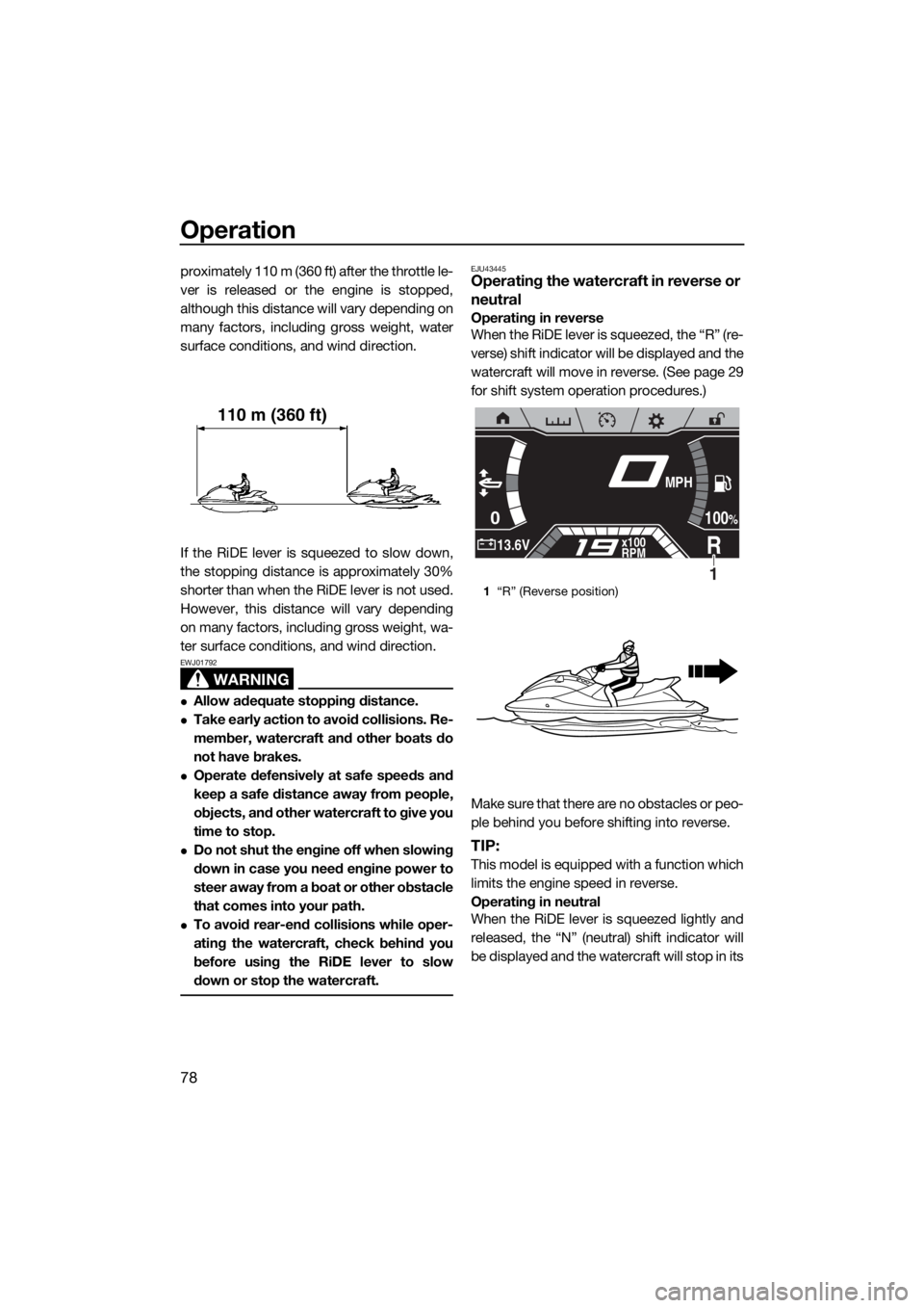 YAMAHA FX HO CRUISER 2019 Manual Online Operation
78
proximately 110 m (360 ft) after the throttle le-
ver is released or the engine is stopped,
although this distance will vary depending on
many factors, including gross weight, water
surfa