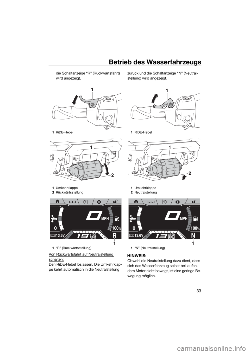 YAMAHA FX HO CRUISER 2019 Betriebsanleitungen (in German) Betrieb des Wasserfahrzeugs
33
die Schaltanzeige “R” (Rückwärtsfahrt)
wird angezeigt.
Von Rückwärtsfahrt auf Neutralstellung
schalten:
Den RiDE-Hebel loslassen. Die Umkehrklap-
pe kehrt auto YAMAHA FX HO CRUISER 2019 Betriebsanleitungen (in German) Betrieb des Wasserfahrzeugs
33
die Schaltanzeige “R” (Rückwärtsfahrt)
wird angezeigt.
Von Rückwärtsfahrt auf Neutralstellung
schalten:
Den RiDE-Hebel loslassen. Die Umkehrklap-
pe kehrt auto
