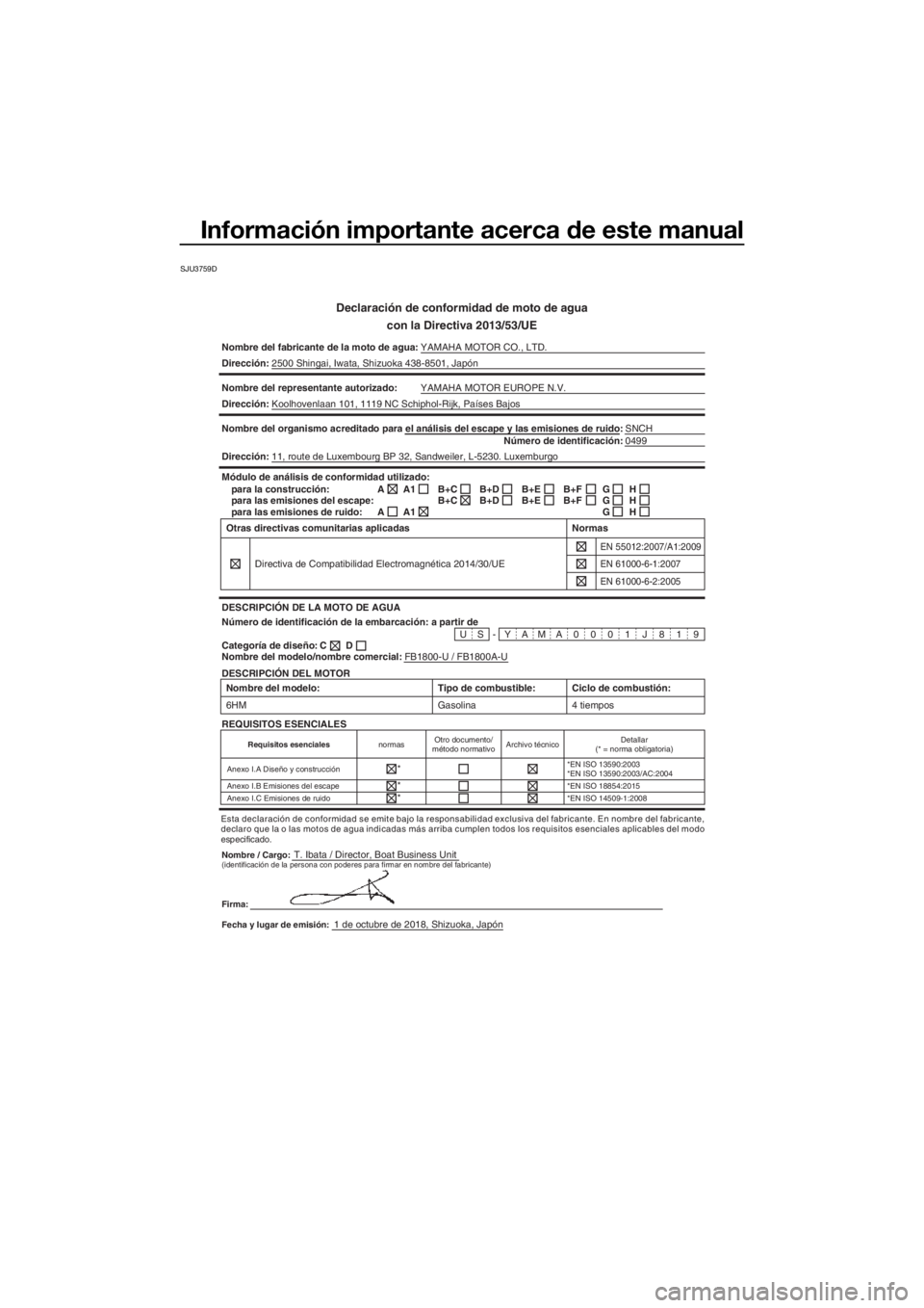 YAMAHA FX HO CRUISER 2019  Manuale de Empleo (in Spanish) Información importante acerca de este manual
SJU3759D
Declaración de conformidad de moto de agua
con la Directiva 2013/53/UE
Nombre del fabricante de la moto de agua:YAMAHA MOTOR CO., LTD.
Direcció