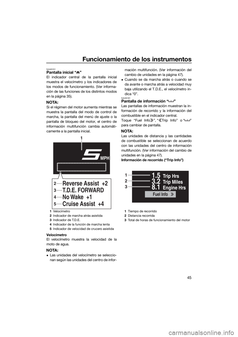 YAMAHA FX HO CRUISER 2019  Manuale de Empleo (in Spanish) Funcionamiento de los instrumentos
45
SJU45151Pantalla inicial “ ”
El indicador central de la pantalla inicial
muestra el velocímetro y los indicadores de
los modos de funcionamiento. (Ver inform
