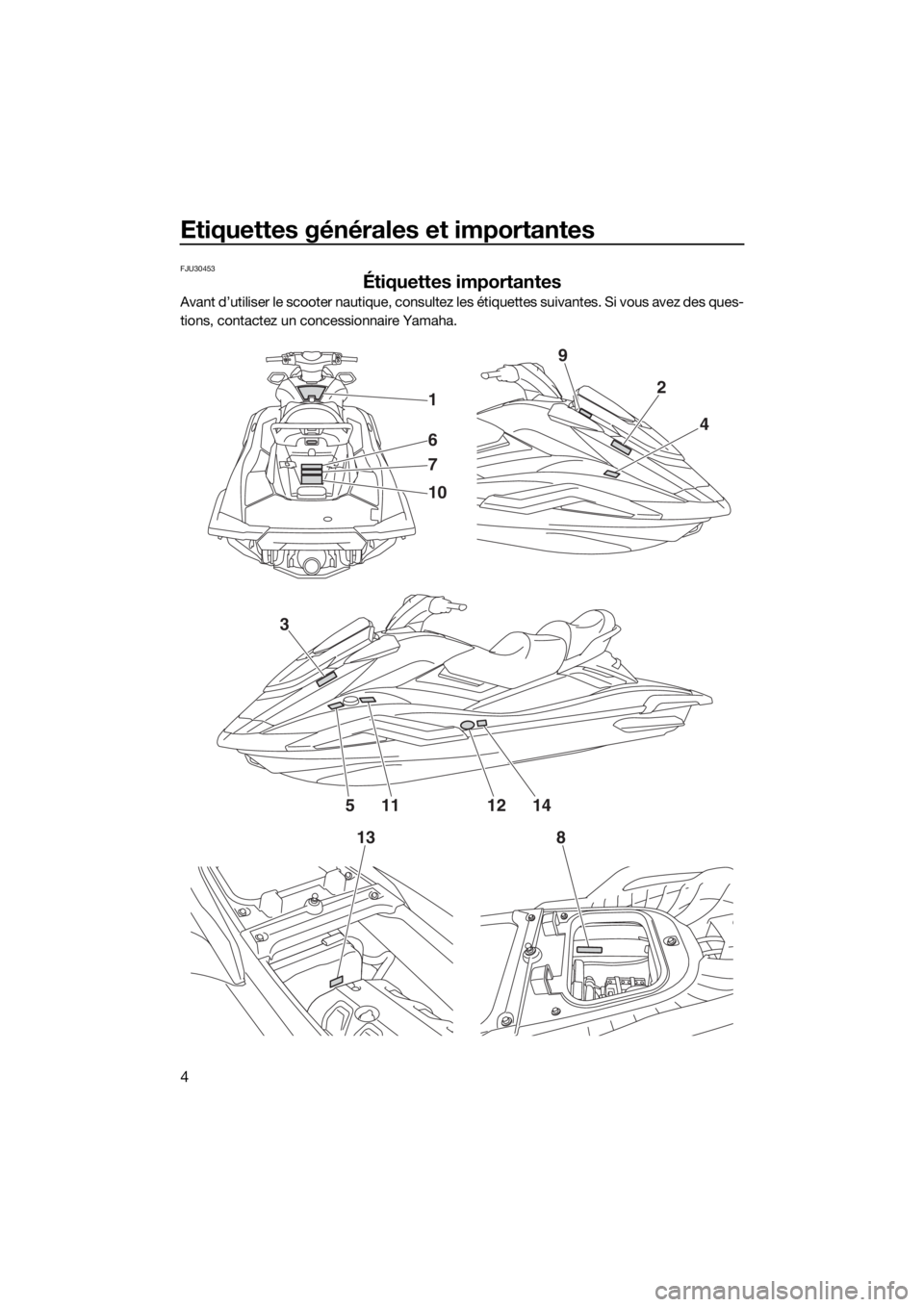YAMAHA FX HO CRUISER 2019 Notices Demploi (in French) Etiquettes générales et importantes
4
FJU30453
Étiquettes importantes
Avant d’utiliser le scooter nautique, consultez les étiquettes suivantes. Si vous avez des ques-
tions, contactez un concess YAMAHA FX HO CRUISER 2019 Notices Demploi (in French) Etiquettes générales et importantes
4
FJU30453
Étiquettes importantes
Avant d’utiliser le scooter nautique, consultez les étiquettes suivantes. Si vous avez des ques-
tions, contactez un concess