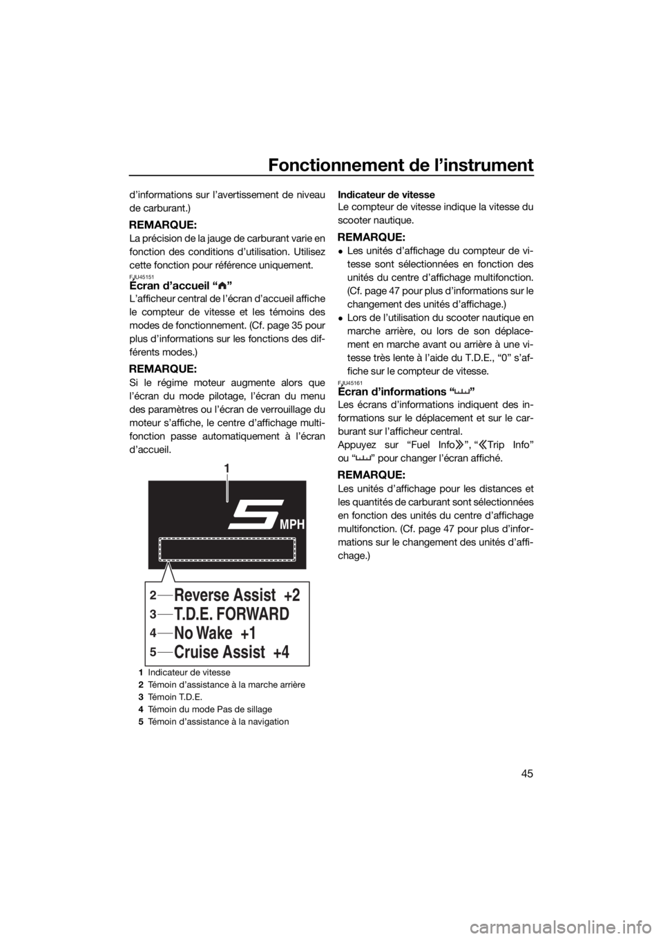 YAMAHA FX HO CRUISER 2019  Notices Demploi (in French) Fonctionnement de l’instrument
45
d’informations sur l’avertissement de niveau
de carburant.)
REMARQUE:
La précision de la jauge de carburant varie en
fonction des conditions d’utilisation. U