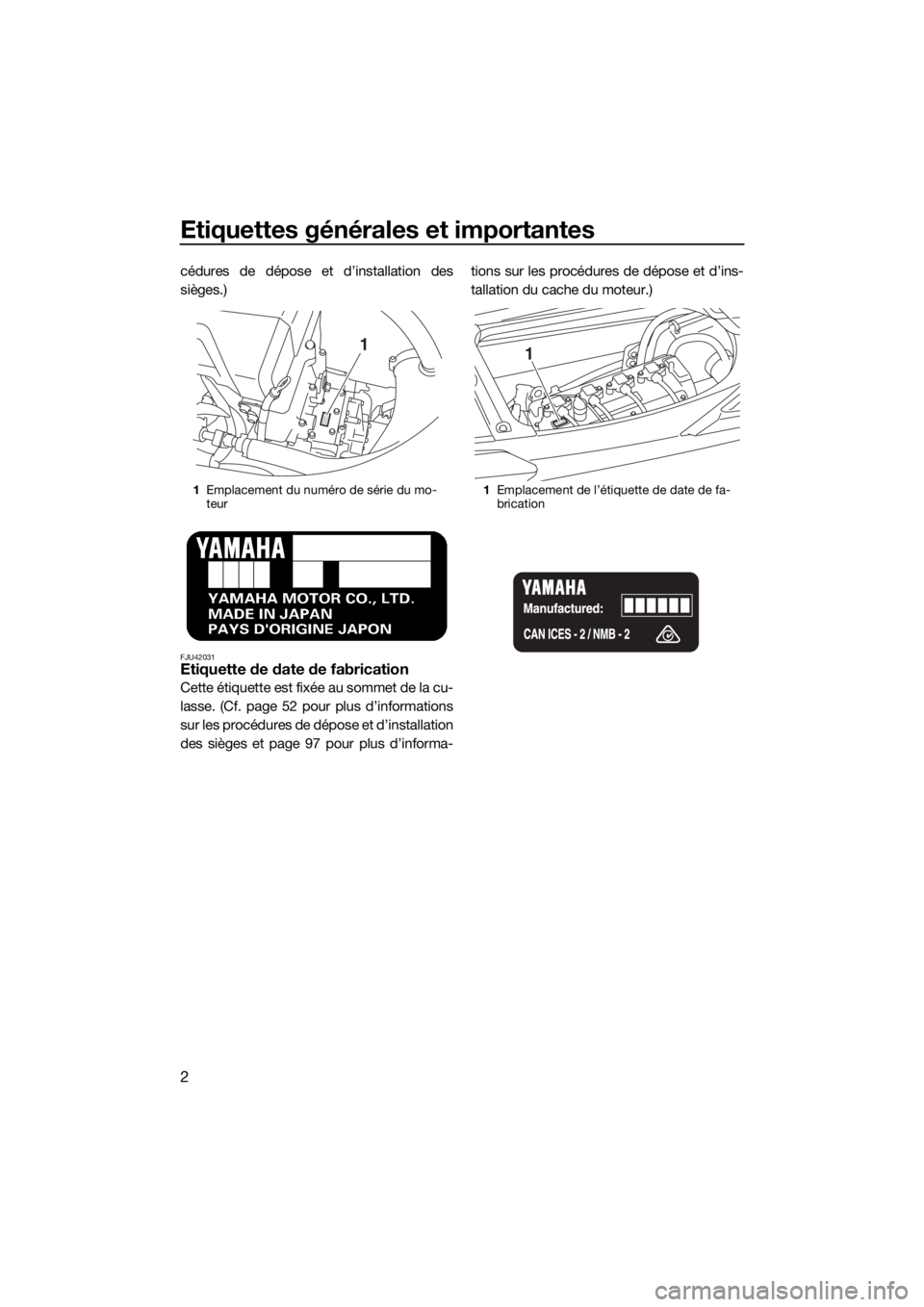 YAMAHA FX HO CRUISER 2019  Notices Demploi (in French) Etiquettes générales et importantes
2
cédures de dépose et d’installation des
sièges.)
FJU42031Etiquette de date de fabrication
Cette étiquette est fixée au sommet de la cu-
lasse. (Cf. page 