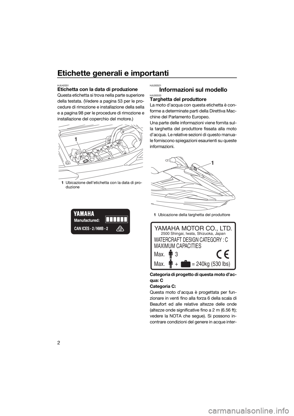 YAMAHA FX HO CRUISER 2019 Manuale duso (in Italian) Etichette generali e importanti
2
HJU42031Etichetta con la data di produzione
Questa etichetta si trova nella parte superiore
della testata. (Vedere a pagina 53 per le pro-
cedure di rimozione e insta YAMAHA FX HO CRUISER 2019 Manuale duso (in Italian) Etichette generali e importanti
2
HJU42031Etichetta con la data di produzione
Questa etichetta si trova nella parte superiore
della testata. (Vedere a pagina 53 per le pro-
cedure di rimozione e insta