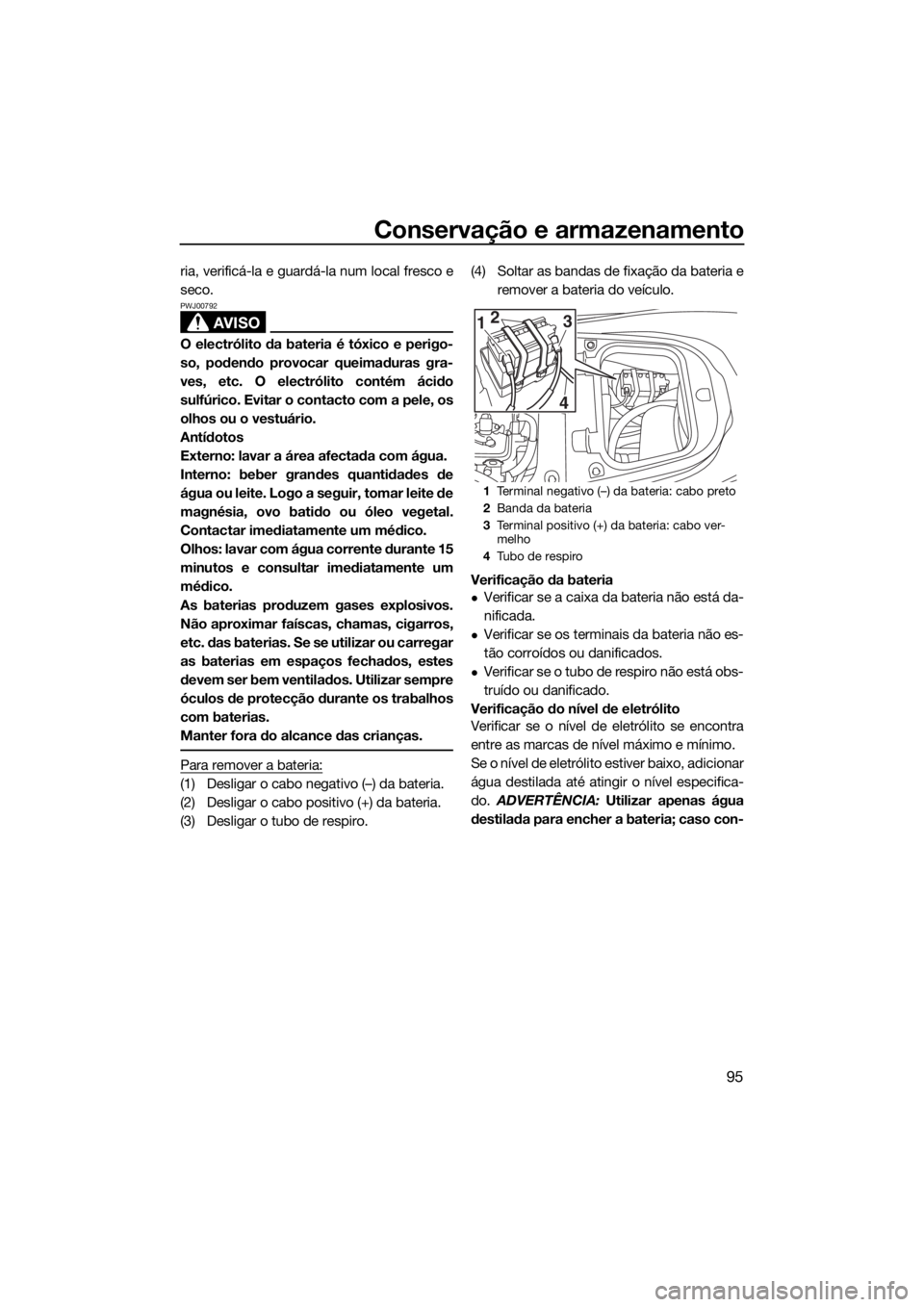 YAMAHA FX HO CRUISER 2019 Manual de utilização (in Portuguese) Conservação e armazenamento
95
ria, verificá-la e guardá-la num local fresco e
seco.
AVISO
PWJ00792
O electrólito da bateria é tóxico e perigo-
so, podendo provocar queimaduras gra-
ves, etc. O YAMAHA FX HO CRUISER 2019 Manual de utilização (in Portuguese) Conservação e armazenamento
95
ria, verificá-la e guardá-la num local fresco e
seco.
AVISO
PWJ00792
O electrólito da bateria é tóxico e perigo-
so, podendo provocar queimaduras gra-
ves, etc. O