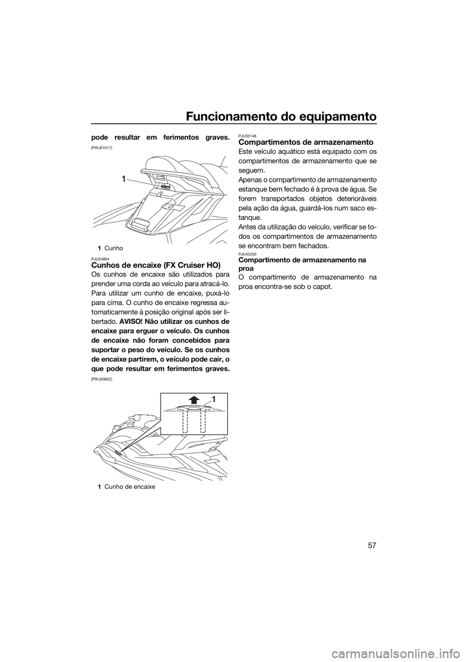 YAMAHA FX HO CRUISER 2019  Manual de utilização (in Portuguese) Funcionamento do equipamento
57
pode resultar em ferimentos graves.
[PWJ01511]
PJU34894
Cunhos de encaixe (FX Cruiser HO)
Os cunhos de encaixe são utilizados para
prender uma corda ao veículo para a