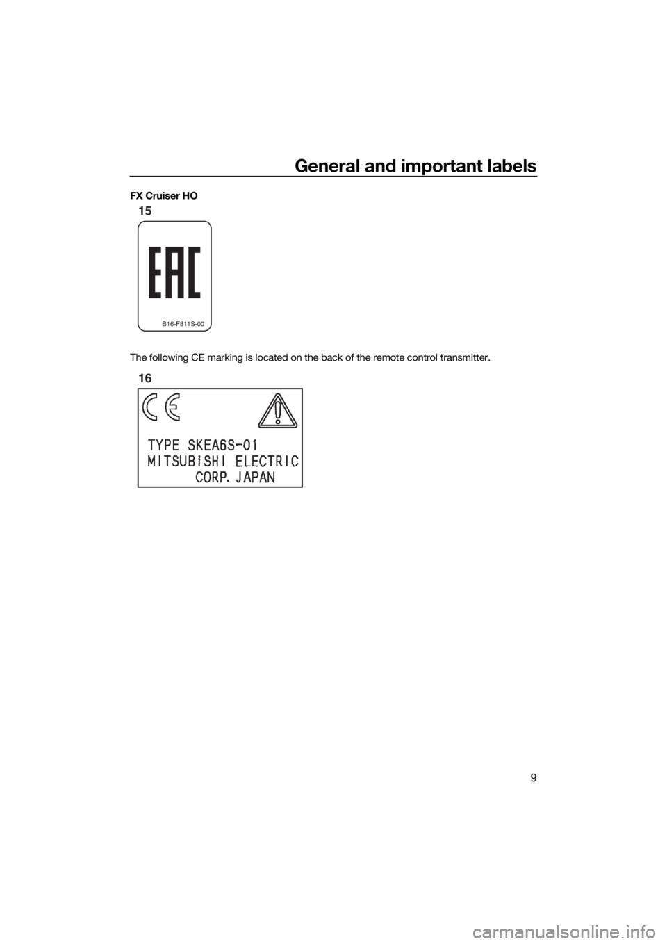 YAMAHA FX HO CRUISER 2018 User Guide General and important labels
9
FX Cruiser HO
The following CE marking is located on the back of the remote control transmitter.
B16-F811S-00
15
16
UF2T78E0.book Page 9 Wednesday, July 12, 2017 9:40 YAMAHA FX HO CRUISER 2018 User Guide General and important labels
9
FX Cruiser HO
The following CE marking is located on the back of the remote control transmitter.
B16-F811S-00
15
16
UF2T78E0.book Page 9 Wednesday, July 12, 2017 9:40
