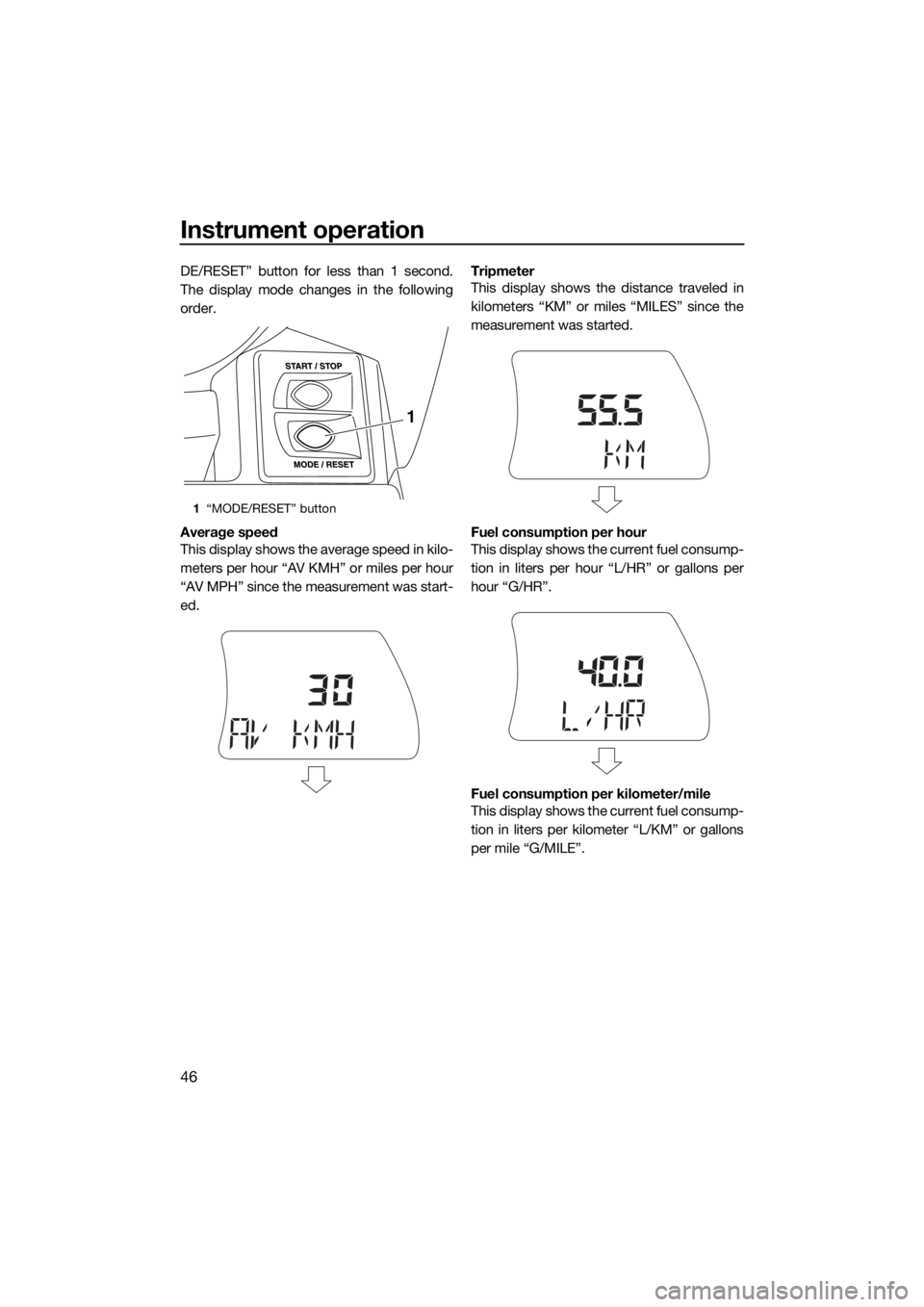 YAMAHA FX HO CRUISER 2018 Workshop Manual Instrument operation
46
DE/RESET” button for less than 1 second.
The display mode changes in the following
order.
Average speed
This display shows the average speed in kilo-
meters per hour “AV KM YAMAHA FX HO CRUISER 2018 Workshop Manual Instrument operation
46
DE/RESET” button for less than 1 second.
The display mode changes in the following
order.
Average speed
This display shows the average speed in kilo-
meters per hour “AV KM