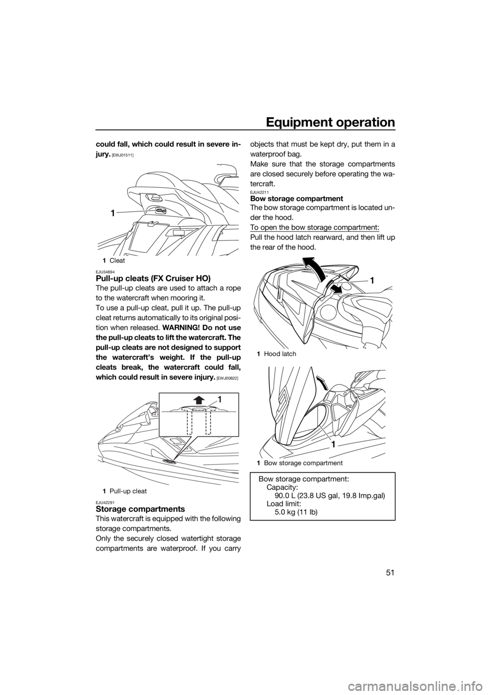 YAMAHA FX HO CRUISER 2018 Workshop Manual Equipment operation
51
could fall, which could result in severe in-
jury.
 [EWJ01511]
EJU34894
Pull-up cleats (FX Cruiser HO)
The pull-up cleats are used to attach a rope
to the watercraft when moorin