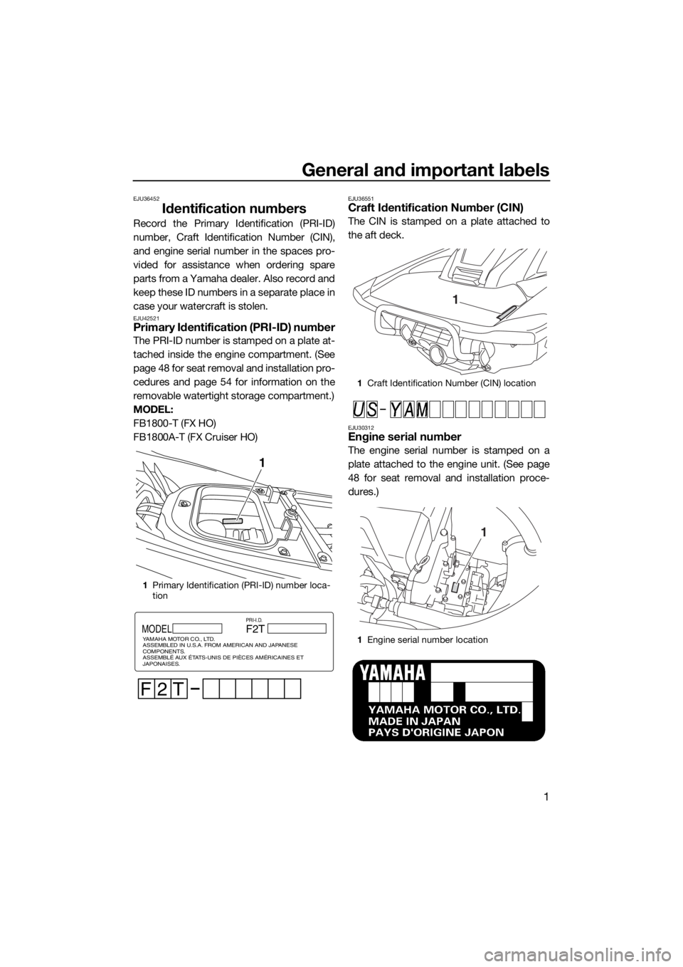YAMAHA FX HO CRUISER 2018 Owners Manual General and important labels
1
EJU36452
Identification numbers
Record the Primary Identification (PRI-ID)
number, Craft Identification Number (CIN),
and engine serial number in the spaces pro-
vided f YAMAHA FX HO CRUISER 2018 Owners Manual General and important labels
1
EJU36452
Identification numbers
Record the Primary Identification (PRI-ID)
number, Craft Identification Number (CIN),
and engine serial number in the spaces pro-
vided f