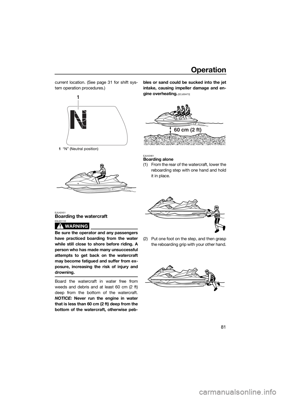 YAMAHA FX HO CRUISER 2018 Manual Online Operation
81
current location. (See page 31 for shift sys-
tem operation procedures.)
EJU42451Boarding the watercraft
WARNING
EWJ01112
Be sure the operator and any passengers
have practiced boarding f YAMAHA FX HO CRUISER 2018 Manual Online Operation
81
current location. (See page 31 for shift sys-
tem operation procedures.)
EJU42451Boarding the watercraft
WARNING
EWJ01112
Be sure the operator and any passengers
have practiced boarding f