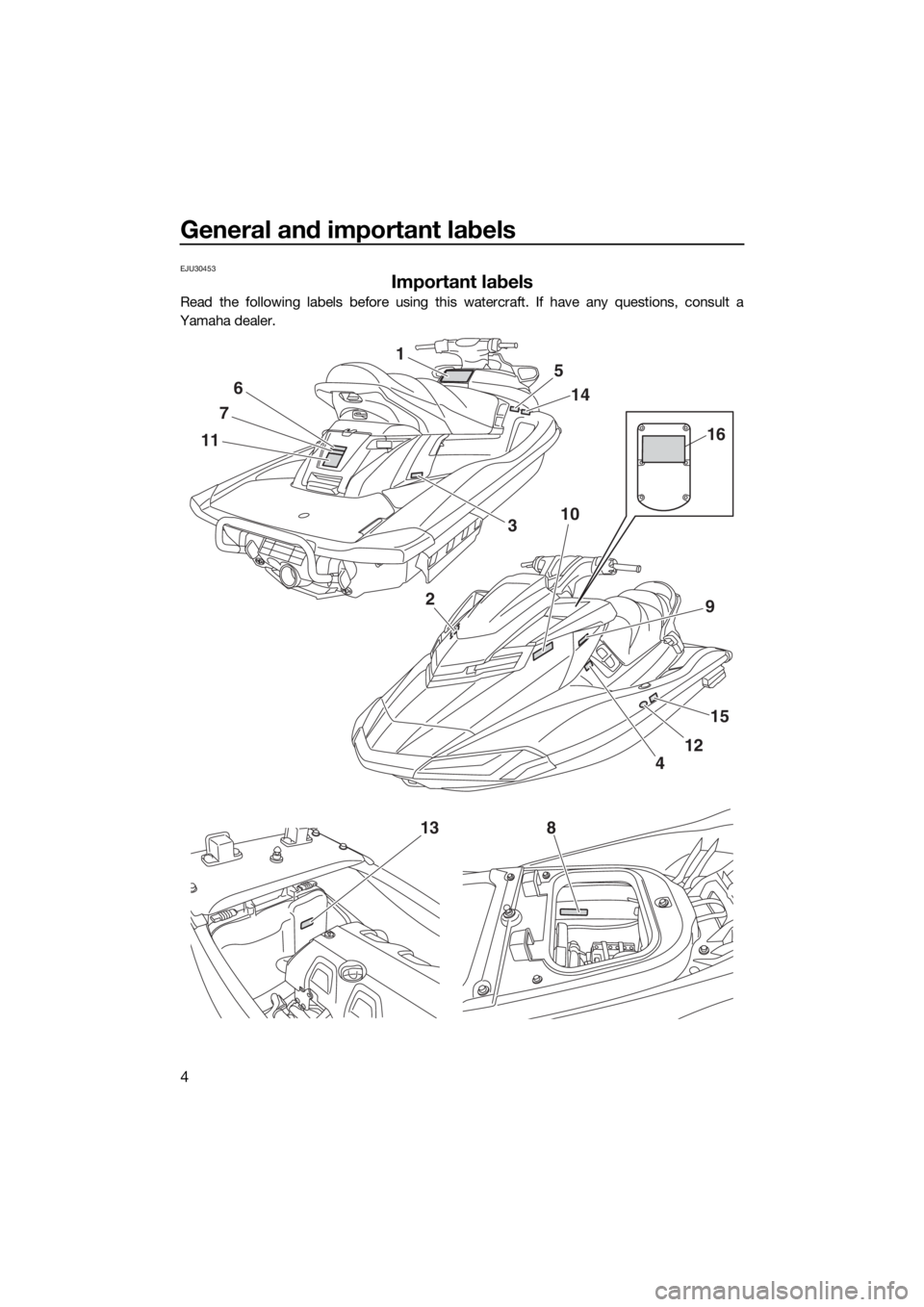 YAMAHA FX HO CRUISER 2018  Owners Manual General and important labels
4
EJU30453
Important labels
Read the following labels before using this watercraft. If have any questions, consult a
Yamaha dealer.
1
11
7
6
10
92
8
4
15
12
5
14
3
16
13
U