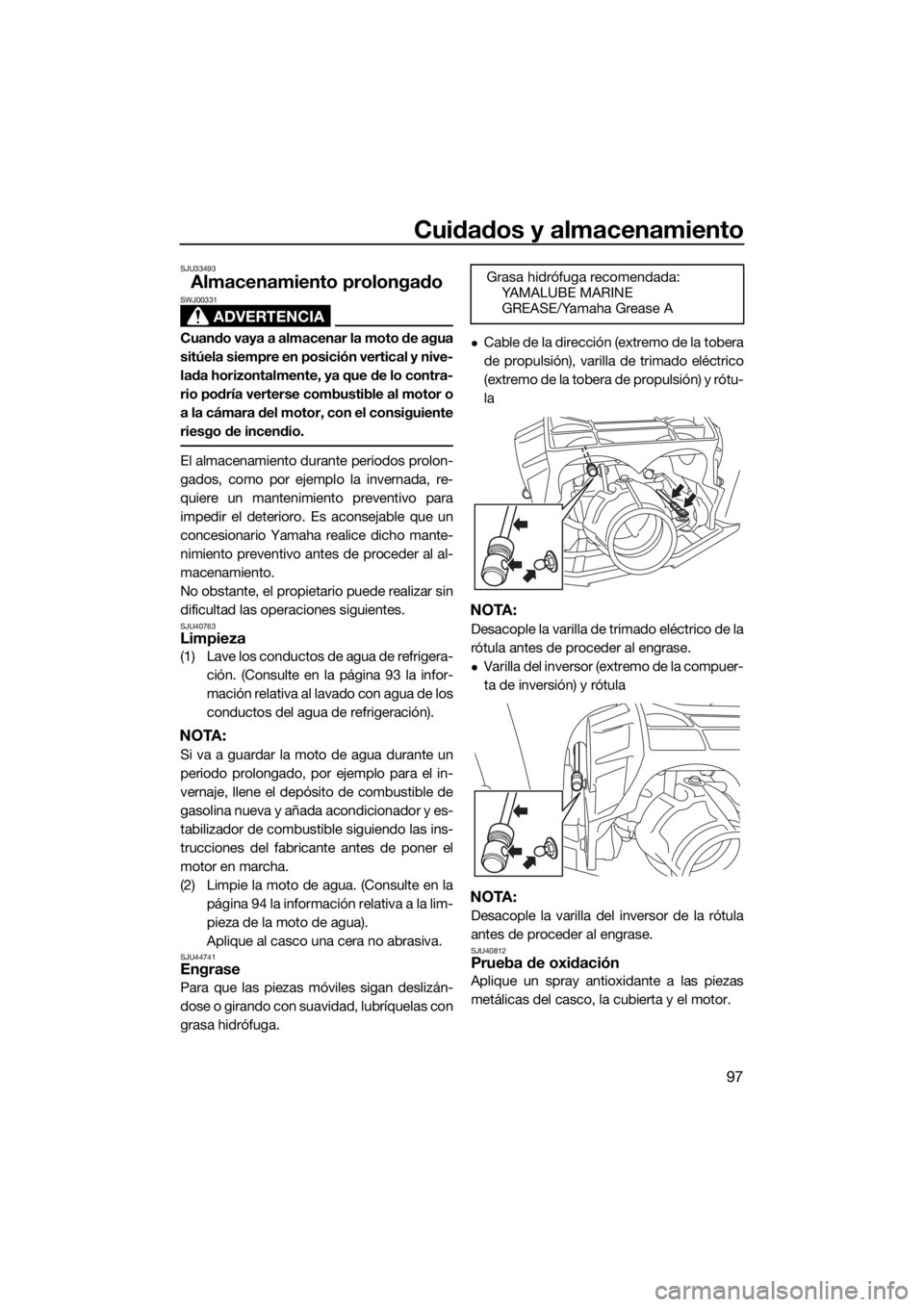 YAMAHA FX HO CRUISER 2018 Manuale de Empleo (in Spanish) Cuidados y almacenamiento
97
SJU33493
Almacenamiento prolongado
ADVERTENCIA
SWJ00331
Cuando vaya a almacenar la moto de agua
sitúela siempre en posición vertical y nive-
lada horizontalmente, ya que YAMAHA FX HO CRUISER 2018 Manuale de Empleo (in Spanish) Cuidados y almacenamiento
97
SJU33493
Almacenamiento prolongado
ADVERTENCIA
SWJ00331
Cuando vaya a almacenar la moto de agua
sitúela siempre en posición vertical y nive-
lada horizontalmente, ya que