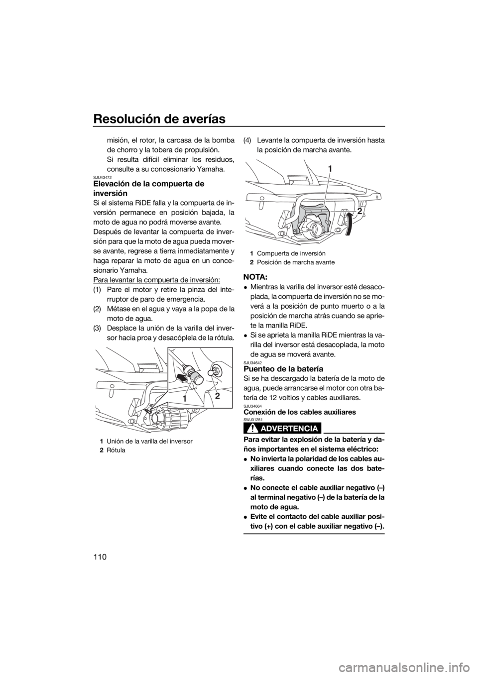 YAMAHA FX HO CRUISER 2018 Manuale de Empleo (in Spanish) Resolución de averías
110
misión, el rotor, la carcasa de la bomba
de chorro y la tobera de propulsión.
Si resulta difícil eliminar los residuos,
consulte a su concesionario Yamaha.
SJU43472Eleva YAMAHA FX HO CRUISER 2018 Manuale de Empleo (in Spanish) Resolución de averías
110
misión, el rotor, la carcasa de la bomba
de chorro y la tobera de propulsión.
Si resulta difícil eliminar los residuos,
consulte a su concesionario Yamaha.
SJU43472Eleva
