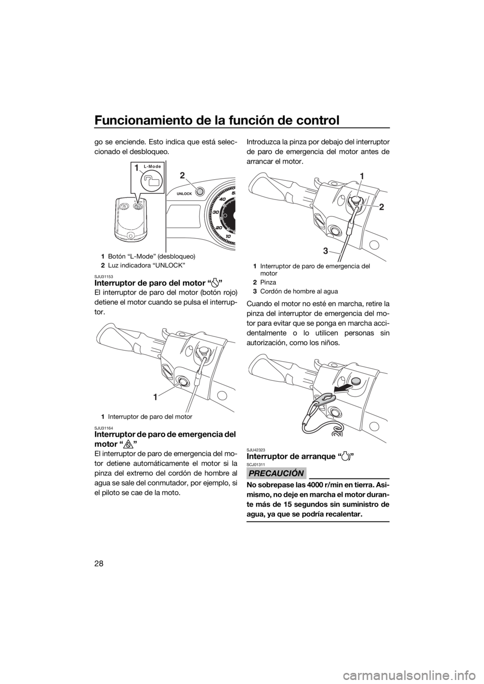 YAMAHA FX HO CRUISER 2018  Manuale de Empleo (in Spanish) Funcionamiento de la función de control
28
go se enciende. Esto indica que está selec-
cionado el desbloqueo.
SJU31153Interruptor de paro del motor “ ”
El interruptor de paro del motor (botón r