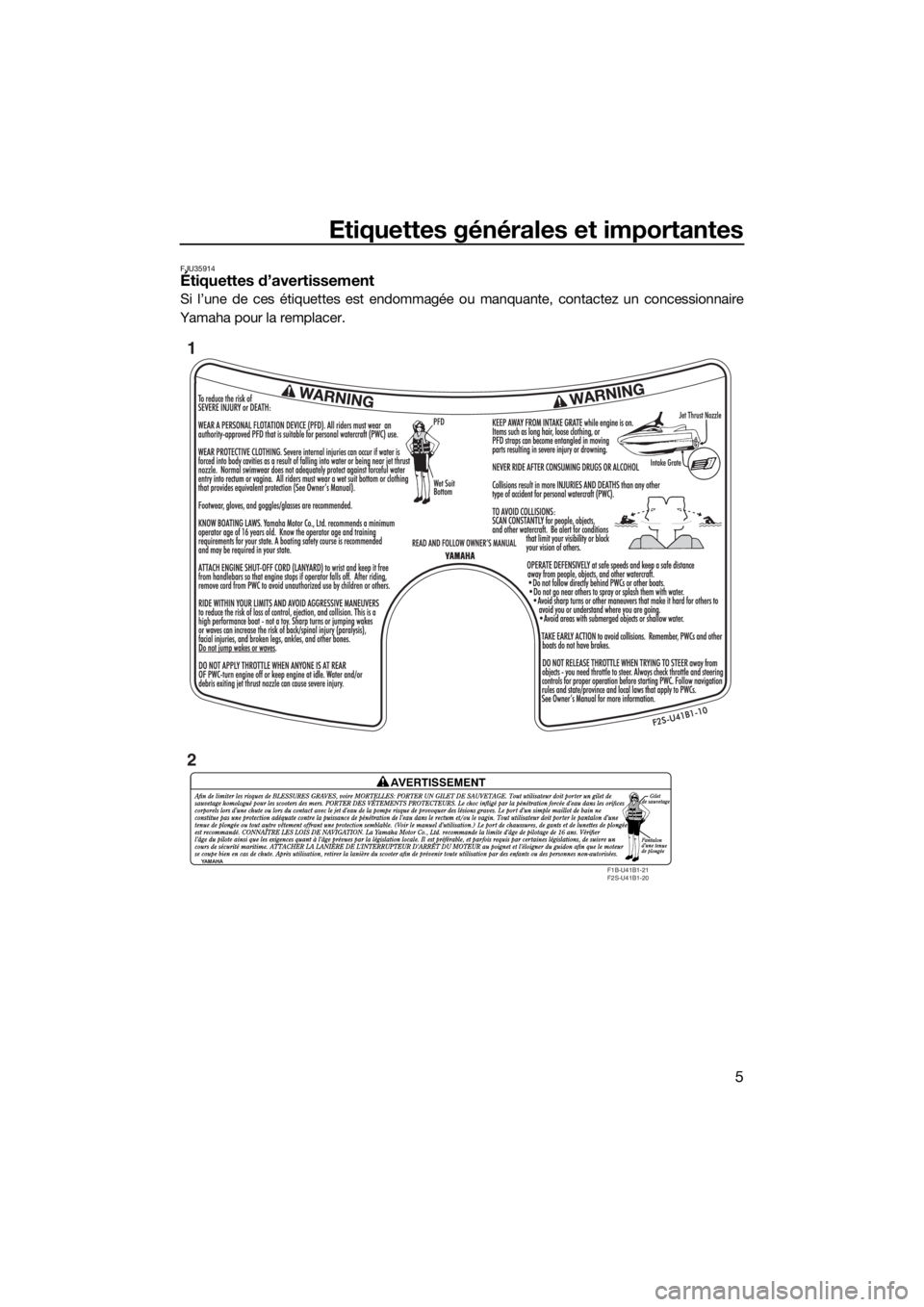 YAMAHA FX HO CRUISER 2018 Notices Demploi (in French) Etiquettes générales et importantes
5
FJU35914Étiquettes d’avertissement
Si l’une de ces étiquettes est endommagée ou manquante, contactez un concessionnaire
Yamaha pour la remplacer.
F1B-U41 YAMAHA FX HO CRUISER 2018 Notices Demploi (in French) Etiquettes générales et importantes
5
FJU35914Étiquettes d’avertissement
Si l’une de ces étiquettes est endommagée ou manquante, contactez un concessionnaire
Yamaha pour la remplacer.
F1B-U41