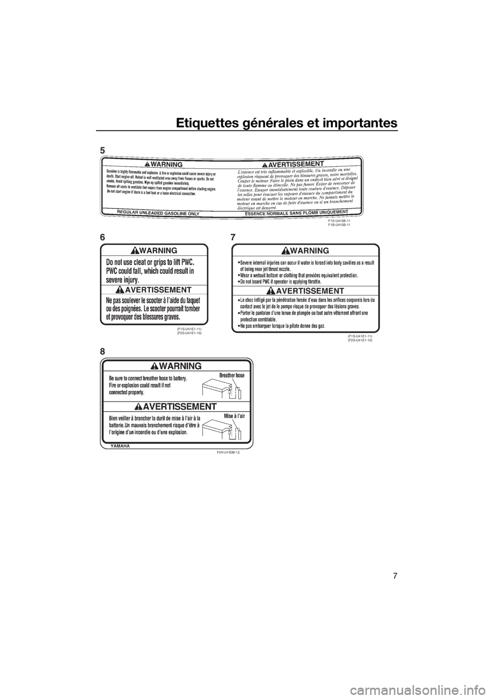 YAMAHA FX HO CRUISER 2018 Notices Demploi (in French) Etiquettes générales et importantes
7
F1S-U415B-11
F1B-U415B-11
(F1S-U41E1-11)
(F2S-U41E1-10)(F1S-U41E1-11)
(F2S-U41E1-10)
5
6
87
UF2T78F0.book Page 7 Tuesday, July 4, 2017 3:07 PM YAMAHA FX HO CRUISER 2018 Notices Demploi (in French) Etiquettes générales et importantes
7
F1S-U415B-11
F1B-U415B-11
(F1S-U41E1-11)
(F2S-U41E1-10)(F1S-U41E1-11)
(F2S-U41E1-10)
5
6
87
UF2T78F0.book Page 7 Tuesday, July 4, 2017 3:07 PM