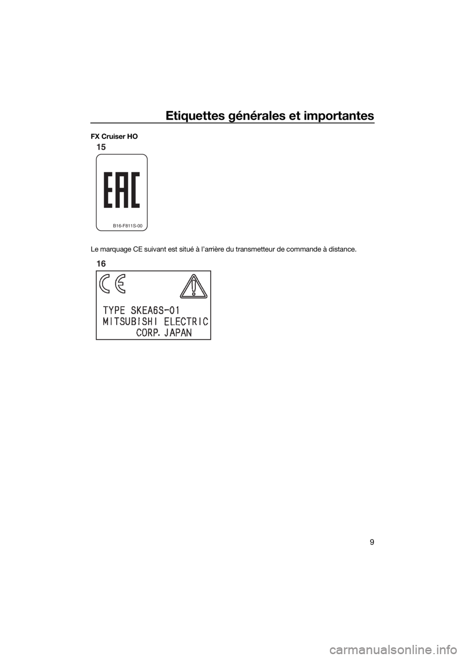 YAMAHA FX HO CRUISER 2018 Notices Demploi (in French) Etiquettes générales et importantes
9
FX Cruiser HO
Le marquage CE suivant est situé à l’arrière du transmetteur de commande à distance.
B16-F811S-00
15
16
UF2T78F0.book Page 9 Tuesday, July YAMAHA FX HO CRUISER 2018 Notices Demploi (in French) Etiquettes générales et importantes
9
FX Cruiser HO
Le marquage CE suivant est situé à l’arrière du transmetteur de commande à distance.
B16-F811S-00
15
16
UF2T78F0.book Page 9 Tuesday, July