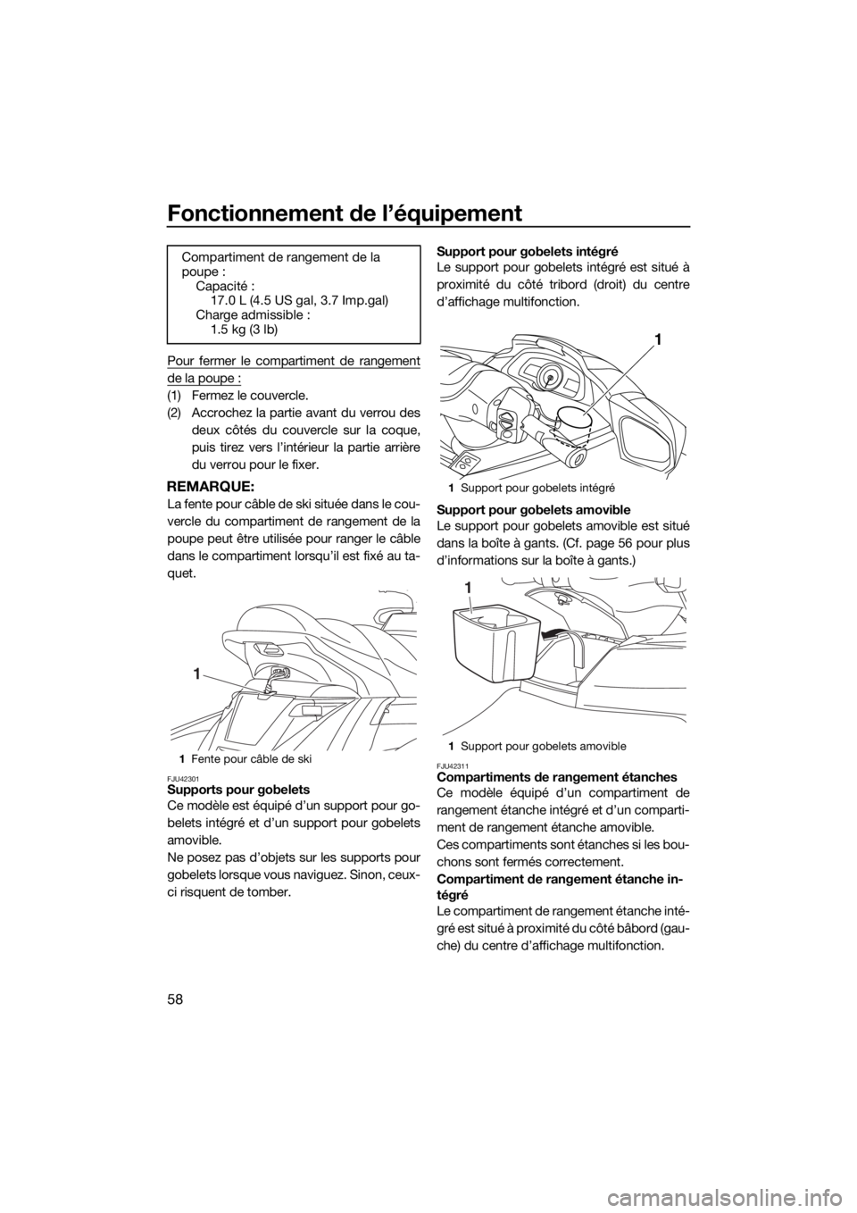 YAMAHA FX HO CRUISER 2018 Notices Demploi (in French) Fonctionnement de l’équipement
58
Pour fermer le compartiment de rangement
de la poupe :
(1) Fermez le couvercle.
(2) Accrochez la partie avant du verrou des
deux côtés du couvercle sur la coque, YAMAHA FX HO CRUISER 2018 Notices Demploi (in French) Fonctionnement de l’équipement
58
Pour fermer le compartiment de rangement
de la poupe :
(1) Fermez le couvercle.
(2) Accrochez la partie avant du verrou des
deux côtés du couvercle sur la coque,