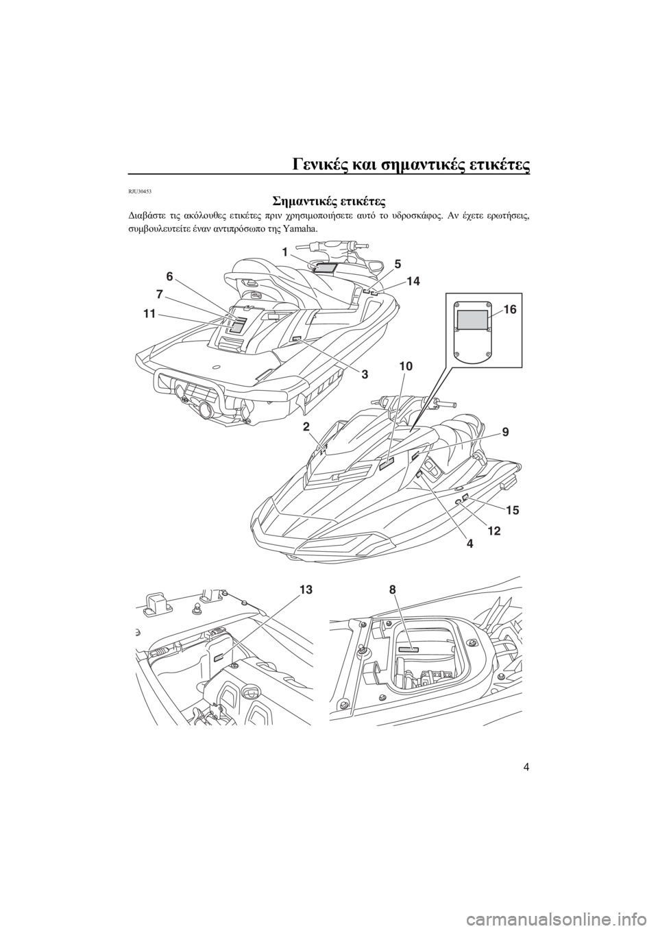 YAMAHA FX HO CRUISER 2018  ΟΔΗΓΌΣ ΧΡΉΣΗΣ (in Greek) Γενικές και σημαντικές ετικέτες
4
RJU30453
Σημαντικές ετικέτες
Διαβάστε τις ακόλουθες ετικέτες πριν χρησιμοποιή