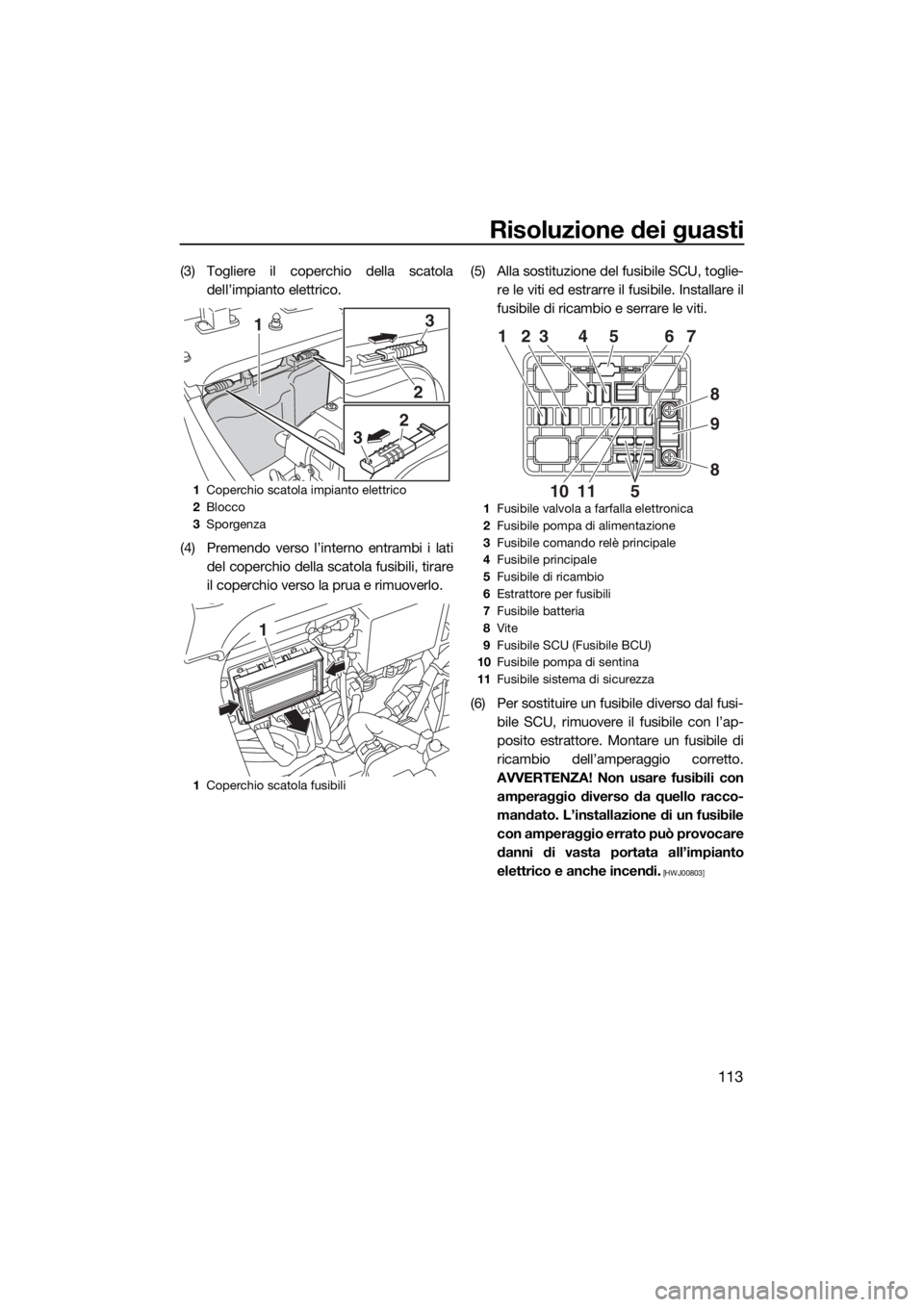 YAMAHA FX HO CRUISER 2018  Manuale duso (in Italian) Risoluzione dei guasti
113
(3) Togliere il coperchio della scatola
dell’impianto elettrico.
(4) Premendo verso l’interno entrambi i lati
del coperchio della scatola fusibili, tirare
il coperchio v