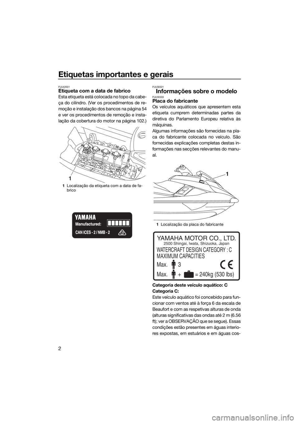 YAMAHA FX HO CRUISER 2018 Manual de utilização (in Portuguese) Etiquetas importantes e gerais
2
PJU42031Etiqueta com a data de fabrico
Esta etiqueta está colocada no topo da cabe-
ça do cilindro. (Ver os procedimentos de re-
moção e instalação dos bancos na YAMAHA FX HO CRUISER 2018 Manual de utilização (in Portuguese) Etiquetas importantes e gerais
2
PJU42031Etiqueta com a data de fabrico
Esta etiqueta está colocada no topo da cabe-
ça do cilindro. (Ver os procedimentos de re-
moção e instalação dos bancos na