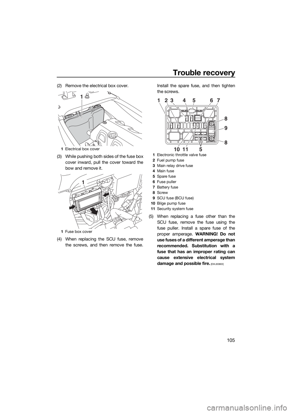 YAMAHA FX HO CRUISER 2015 Owners Manual Trouble recovery
105
(2) Remove the electrical box cover.
(3) While pushing both sides of the fuse box
cover inward, pull the cover toward the
bow and remove it.
(4) When replacing the SCU fuse, remov YAMAHA FX HO CRUISER 2015 Owners Manual Trouble recovery
105
(2) Remove the electrical box cover.
(3) While pushing both sides of the fuse box
cover inward, pull the cover toward the
bow and remove it.
(4) When replacing the SCU fuse, remov