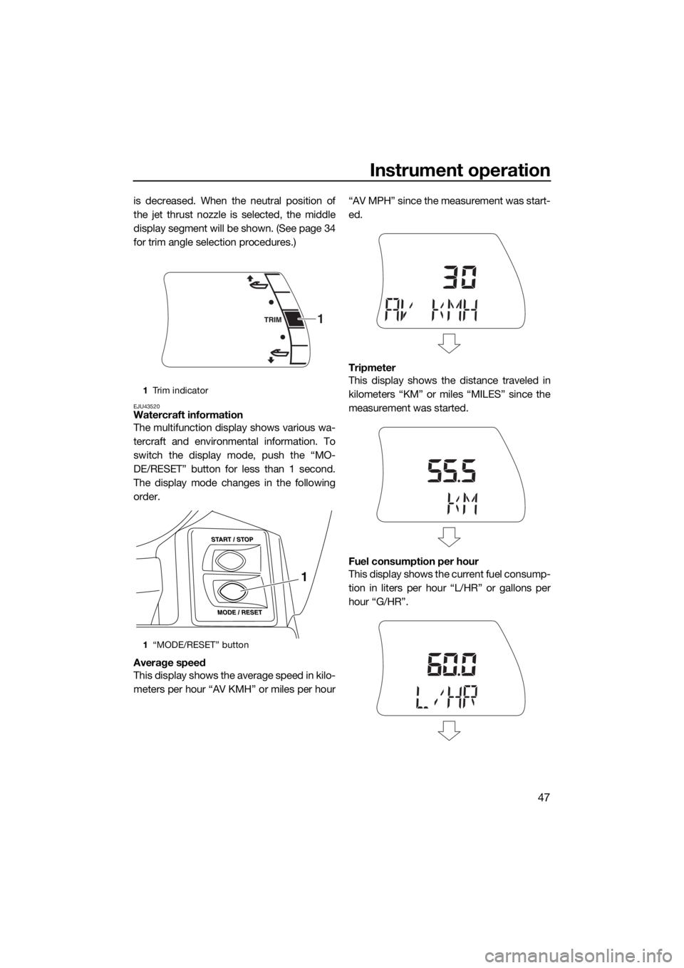 YAMAHA FX HO CRUISER 2015 Workshop Manual Instrument operation
47
is decreased. When the neutral position of
the jet thrust nozzle is selected, the middle
display segment will be shown. (See page 34
for trim angle selection procedures.)
EJU43 YAMAHA FX HO CRUISER 2015 Workshop Manual Instrument operation
47
is decreased. When the neutral position of
the jet thrust nozzle is selected, the middle
display segment will be shown. (See page 34
for trim angle selection procedures.)
EJU43