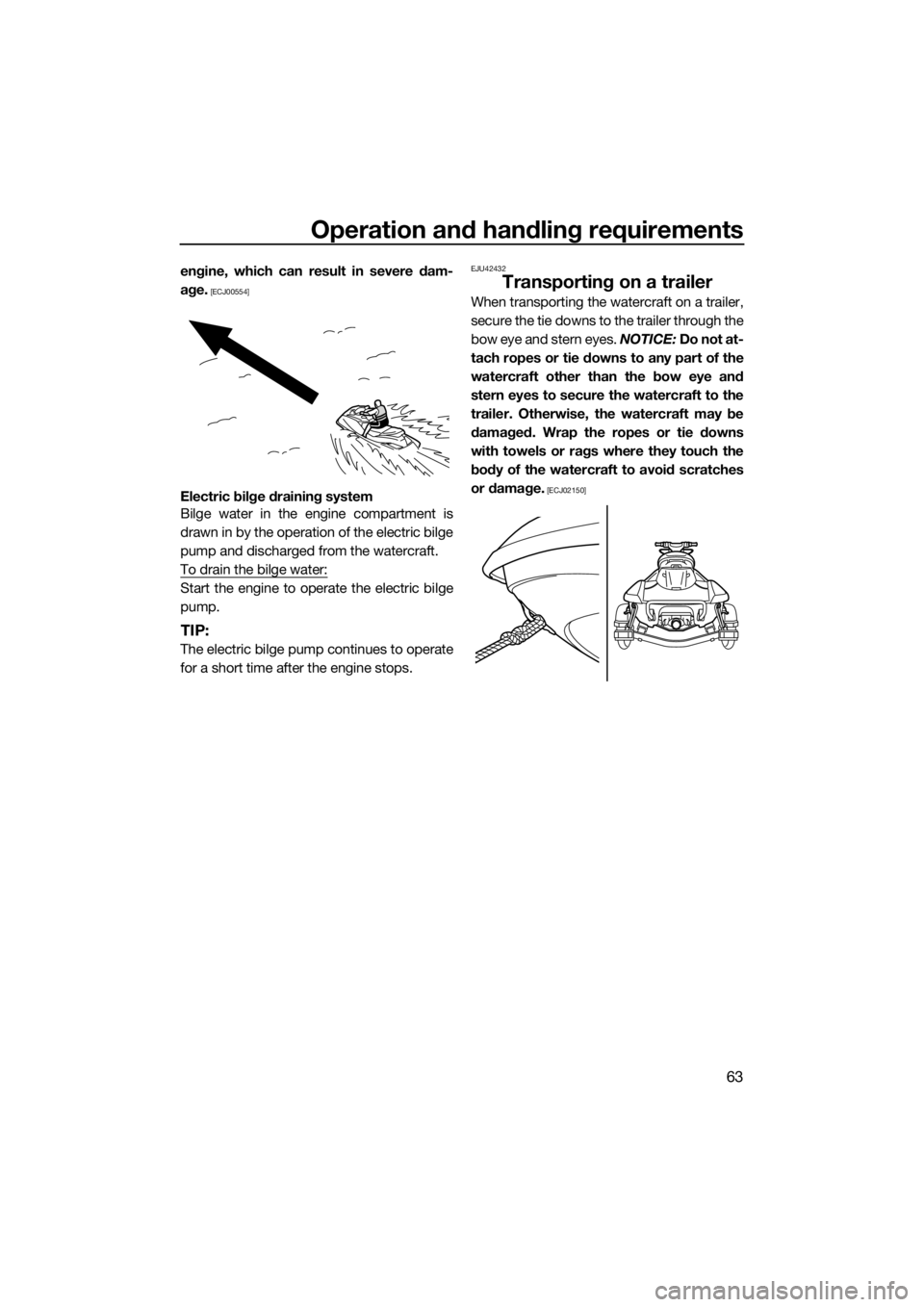 YAMAHA FX HO CRUISER 2015 Repair Manual Operation and handling requirements
63
engine, which can result in severe dam-
age.
 [ECJ00554]
Electric bilge draining system
Bilge water in the engine compartment is
drawn in by the operation of the