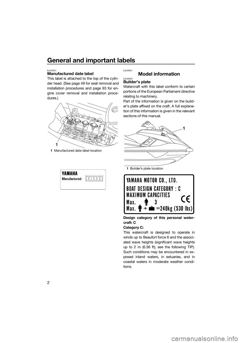 YAMAHA FX HO CRUISER 2015 Owners Manual General and important labels
2
EJU42031Manufactured date label
This label is attached to the top of the cylin-
der head. (See page 49 for seat removal and
installation procedures and page 93 for en-
g YAMAHA FX HO CRUISER 2015 Owners Manual General and important labels
2
EJU42031Manufactured date label
This label is attached to the top of the cylin-
der head. (See page 49 for seat removal and
installation procedures and page 93 for en-
g