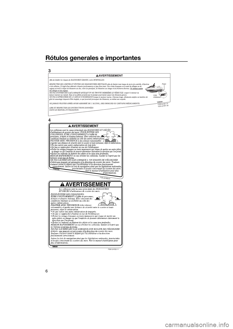 YAMAHA FX HO CRUISER 2015  Manuale de Empleo (in Spanish) Rótulos generales e importantes
6
F
1
B
-U
41
B
1-3
1
 
F
2
S
-U
4
1
B
1-3
0
F0M-U41B2-11
3
4
UF2T74S0.book  Page 6  Thursday, June 26, 2014  9:14 AM 