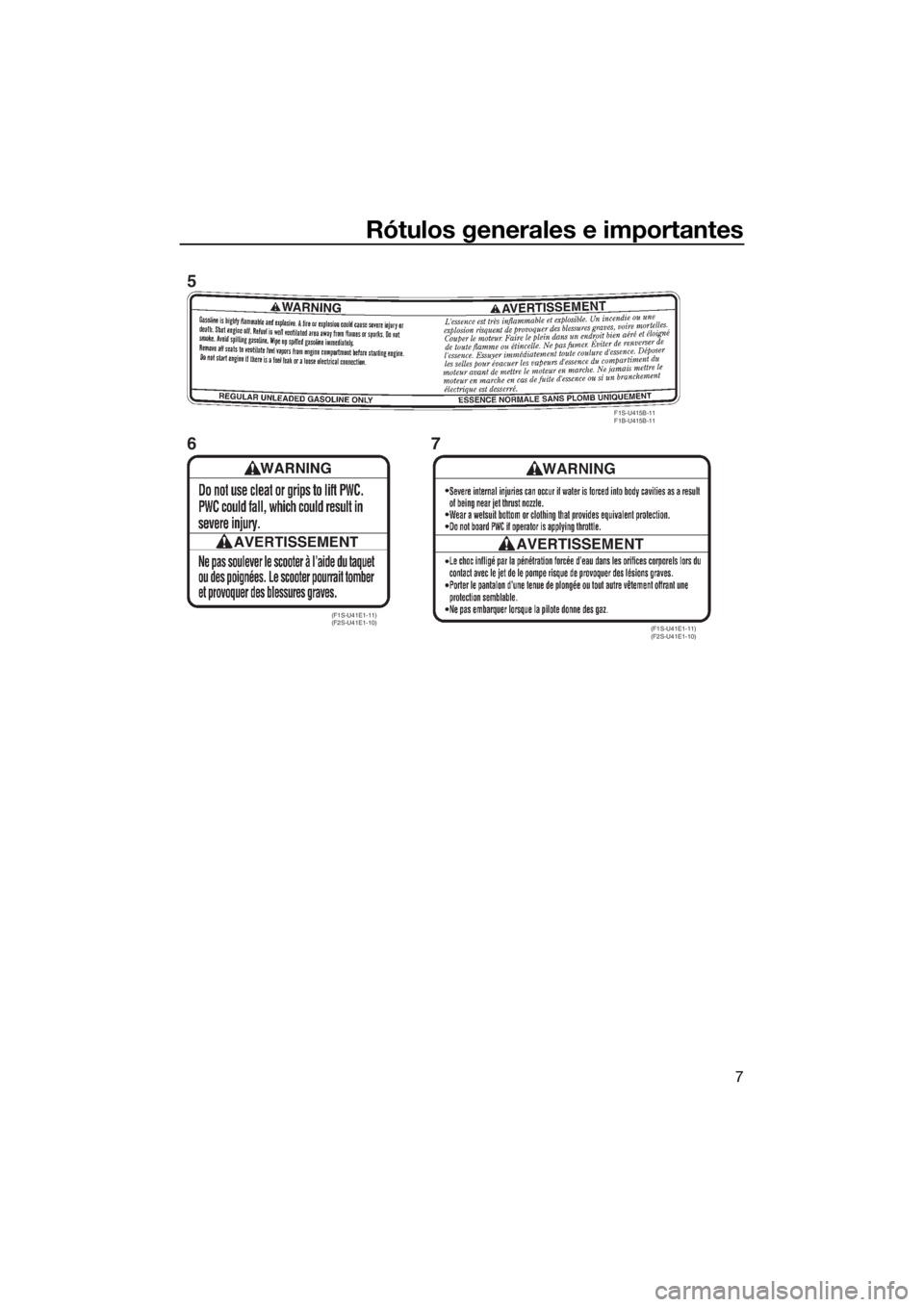 YAMAHA FX HO CRUISER 2015  Manuale de Empleo (in Spanish) Rótulos generales e importantes
7
F1S-U415B-11 
F1B-U415B-11
(F1S-U41E1-11) 
(F2S-U41E1-10)(F1S-U41E1-11) 
(F2S-U41E1-10)
5
67
UF2T74S0.book  Page 7  Thursday, June 26, 2014  9:14 AM 