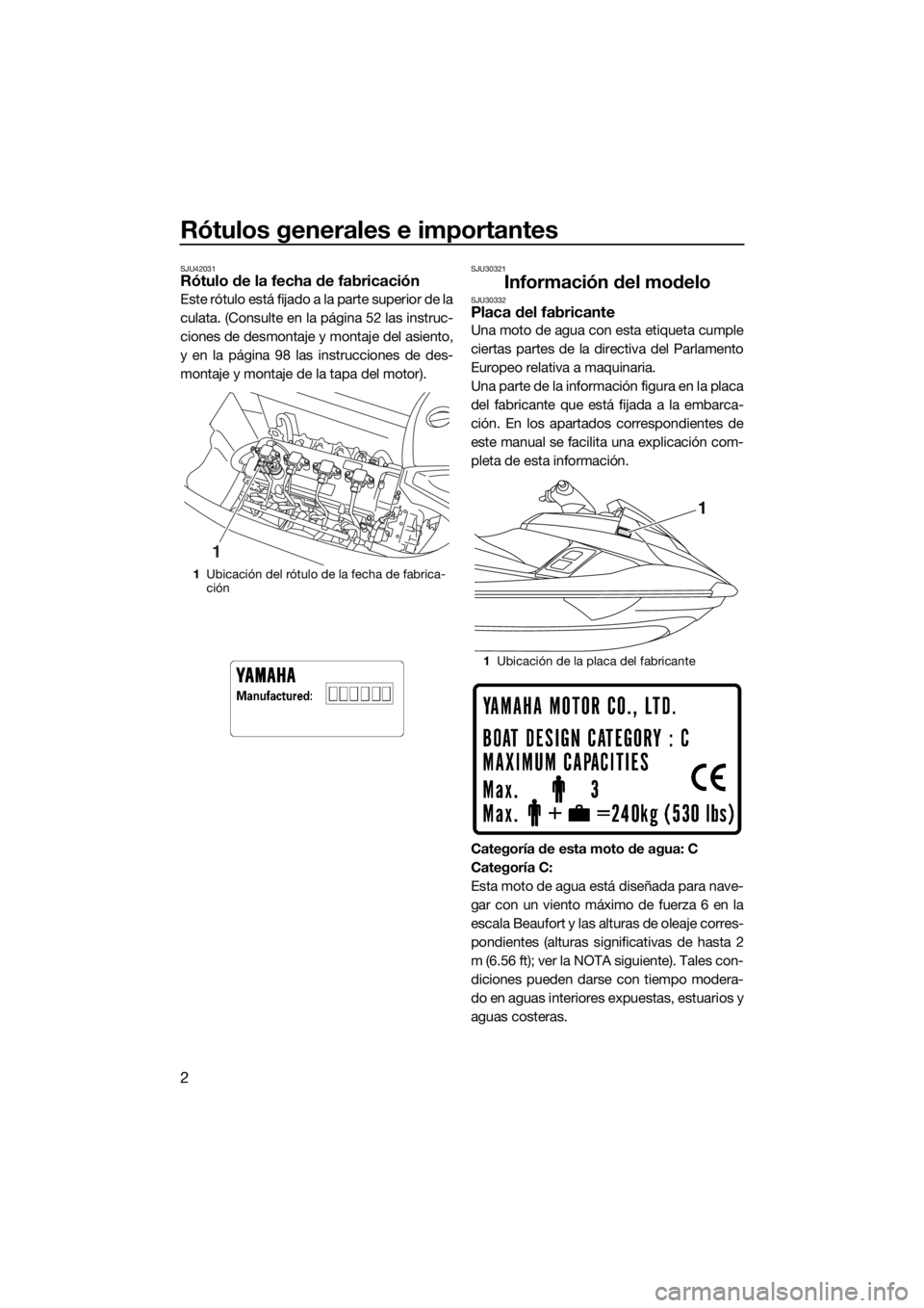 YAMAHA FX HO CRUISER 2015 Manuale de Empleo (in Spanish) Rótulos generales e importantes
2
SJU42031Rótulo de la fecha de fabricación
Este rótulo está fijado a la parte superior de la
culata. (Consulte en la página 52 las instruc-
ciones de desmontaje YAMAHA FX HO CRUISER 2015 Manuale de Empleo (in Spanish) Rótulos generales e importantes
2
SJU42031Rótulo de la fecha de fabricación
Este rótulo está fijado a la parte superior de la
culata. (Consulte en la página 52 las instruc-
ciones de desmontaje