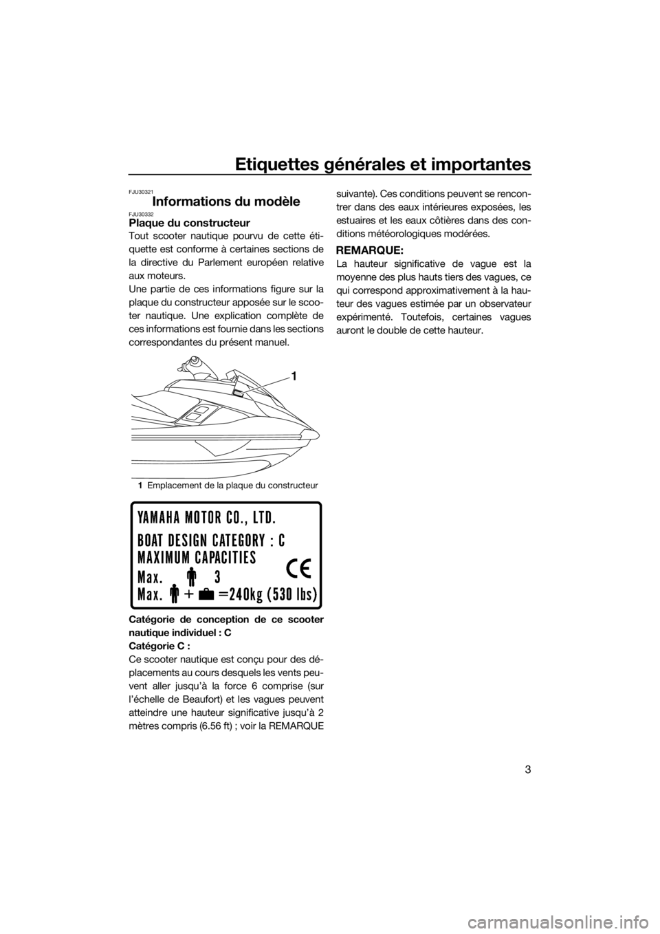 YAMAHA FX HO CRUISER 2015  Notices Demploi (in French) Etiquettes générales et importantes
3
FJU30321
Informations du modèleFJU30332Plaque du constructeur
Tout scooter nautique pourvu de cette éti-
quette est conforme à certaines sections de
la direc
