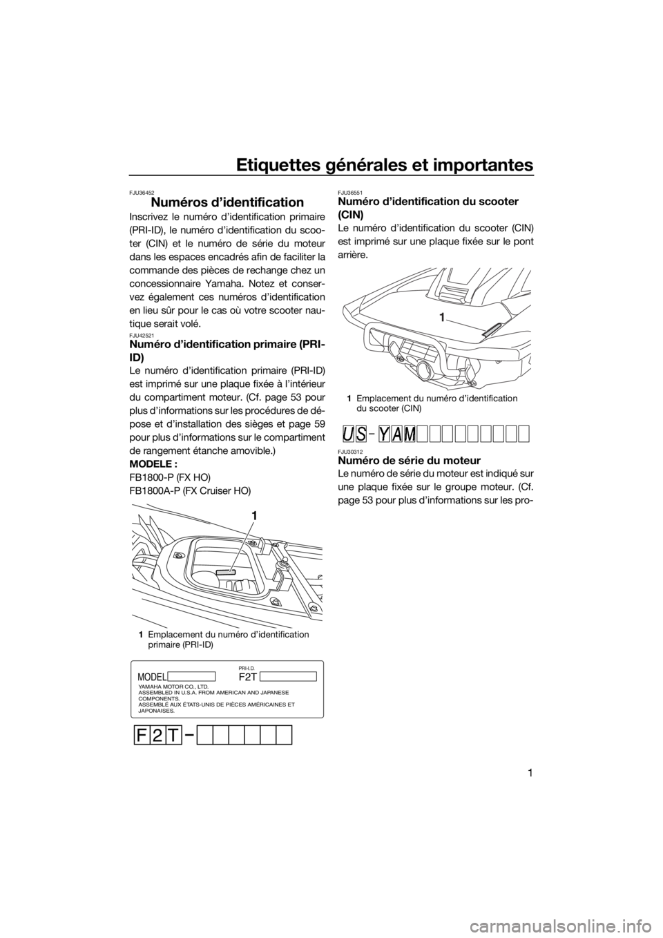 YAMAHA FX HO CRUISER 2015 Notices Demploi (in French) Etiquettes générales et importantes
1
FJU36452
Numéros d’identification
Inscrivez le numéro d’identification primaire
(PRI-ID), le numéro d’identification du scoo-
ter (CIN) et le numéro d YAMAHA FX HO CRUISER 2015 Notices Demploi (in French) Etiquettes générales et importantes
1
FJU36452
Numéros d’identification
Inscrivez le numéro d’identification primaire
(PRI-ID), le numéro d’identification du scoo-
ter (CIN) et le numéro d