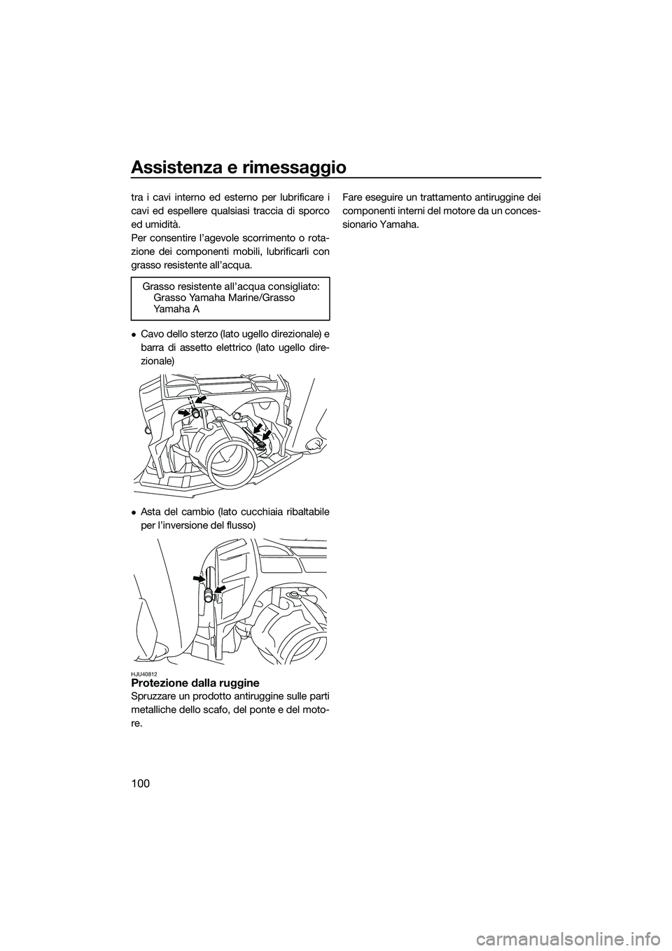 YAMAHA FX HO CRUISER 2015 Manuale duso (in Italian) Assistenza e rimessaggio
100
tra i cavi interno ed esterno per lubrificare i
cavi ed espellere qualsiasi traccia di sporco
ed umidità.
Per consentire l’agevole scorrimento o rota-
zione dei compone YAMAHA FX HO CRUISER 2015 Manuale duso (in Italian) Assistenza e rimessaggio
100
tra i cavi interno ed esterno per lubrificare i
cavi ed espellere qualsiasi traccia di sporco
ed umidità.
Per consentire l’agevole scorrimento o rota-
zione dei compone