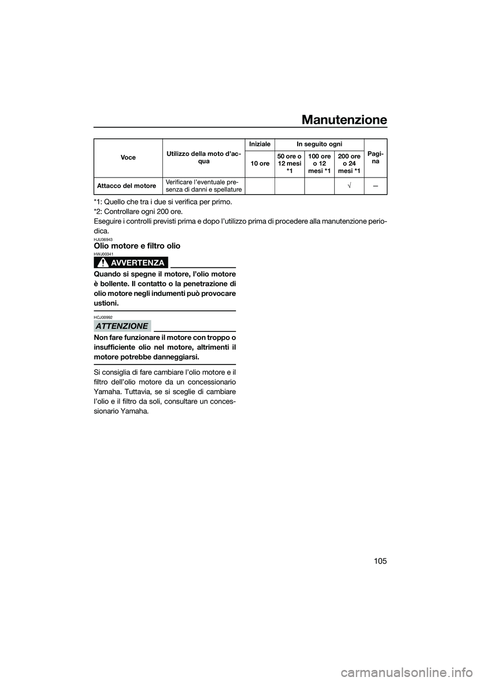 YAMAHA FX HO CRUISER 2015 Manuale duso (in Italian) Manutenzione
105
*1: Quello che tra i due si verifica per primo.
*2: Controllare ogni 200 ore.
Eseguire i controlli previsti prima e dopo l’utilizzo prima di procedere alla manutenzione perio-
dica. YAMAHA FX HO CRUISER 2015 Manuale duso (in Italian) Manutenzione
105
*1: Quello che tra i due si verifica per primo.
*2: Controllare ogni 200 ore.
Eseguire i controlli previsti prima e dopo l’utilizzo prima di procedere alla manutenzione perio-
dica.