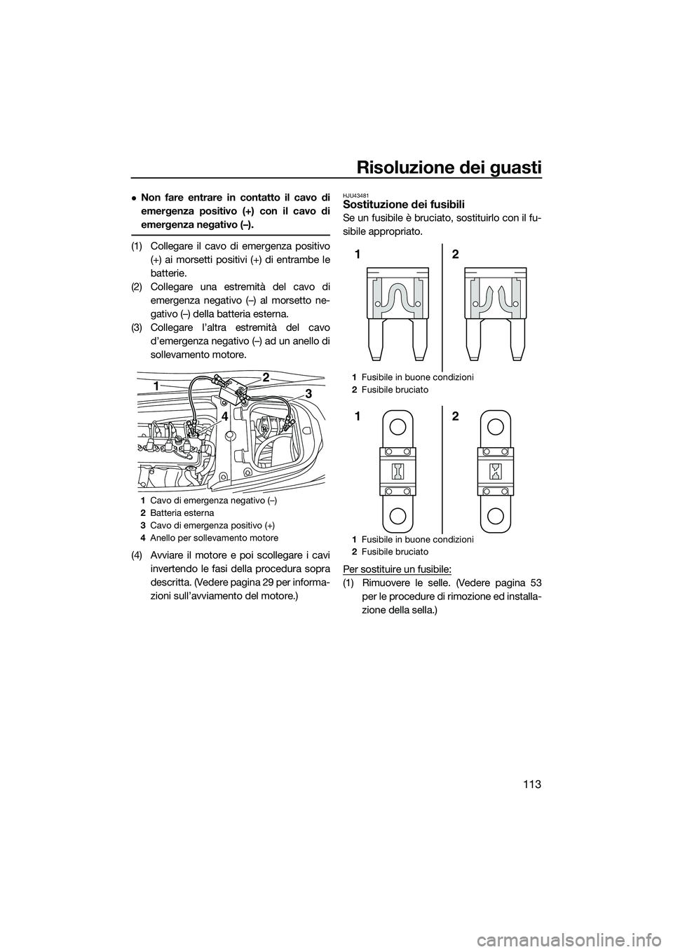 YAMAHA FX HO CRUISER 2015  Manuale duso (in Italian) Risoluzione dei guasti
113
Non fare entrare in contatto il cavo di
emergenza positivo (+) con il cavo di
emergenza negativo (–).
(1) Collegare il cavo di emergenza positivo(+) ai morsetti positiv
