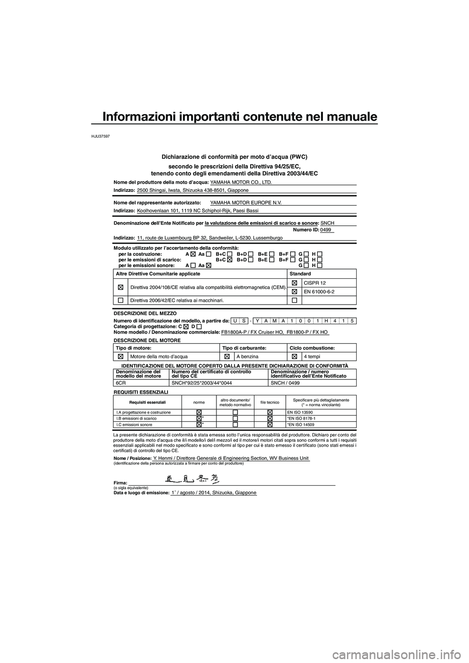 YAMAHA FX HO CRUISER 2015 Manuale duso (in Italian) Informazioni importanti contenute nel manuale
HJU37597
Dichiarazione di conformità per moto d’acqua (PWC)secondo le prescrizioni della Direttiva 94/25/EC,
tenendo conto degli emendamenti della Dire YAMAHA FX HO CRUISER 2015 Manuale duso (in Italian) Informazioni importanti contenute nel manuale
HJU37597
Dichiarazione di conformità per moto d’acqua (PWC)secondo le prescrizioni della Direttiva 94/25/EC,
tenendo conto degli emendamenti della Dire