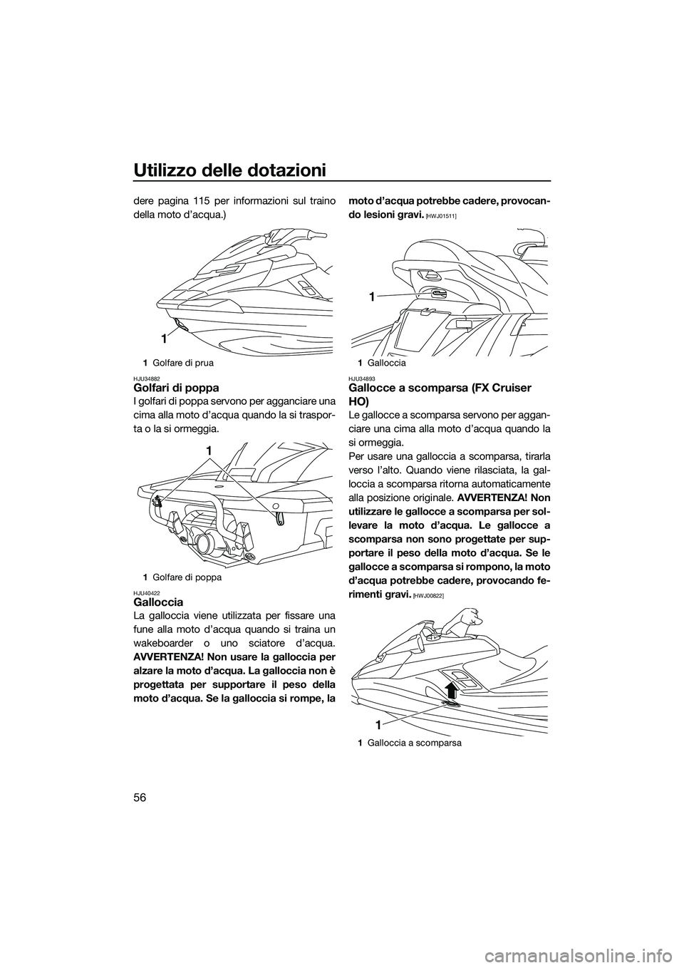 YAMAHA FX HO CRUISER 2015  Manuale duso (in Italian) Utilizzo delle dotazioni
56
dere pagina 115 per informazioni sul traino
della moto d’acqua.)
HJU34882Golfari di poppa
I golfari di poppa servono per agganciare una
cima alla moto d’acqua quando la