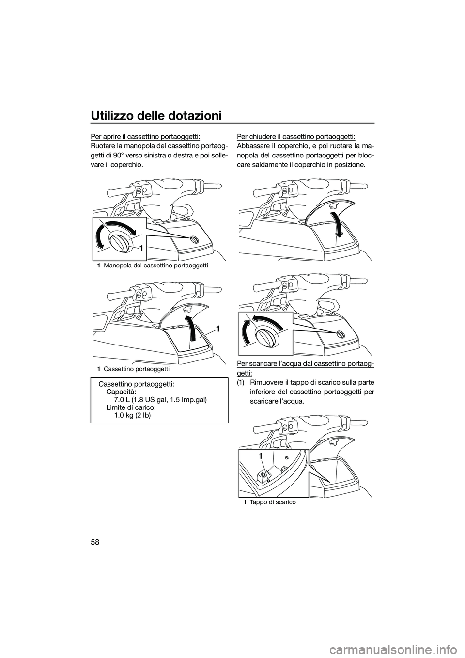 YAMAHA FX HO CRUISER 2015  Manuale duso (in Italian) Utilizzo delle dotazioni
58
Per aprire il cassettino portaoggetti:
Ruotare la manopola del cassettino portaog-
getti di 90° verso sinistra o destra e poi solle-
vare il coperchio.Per chiudere il cass