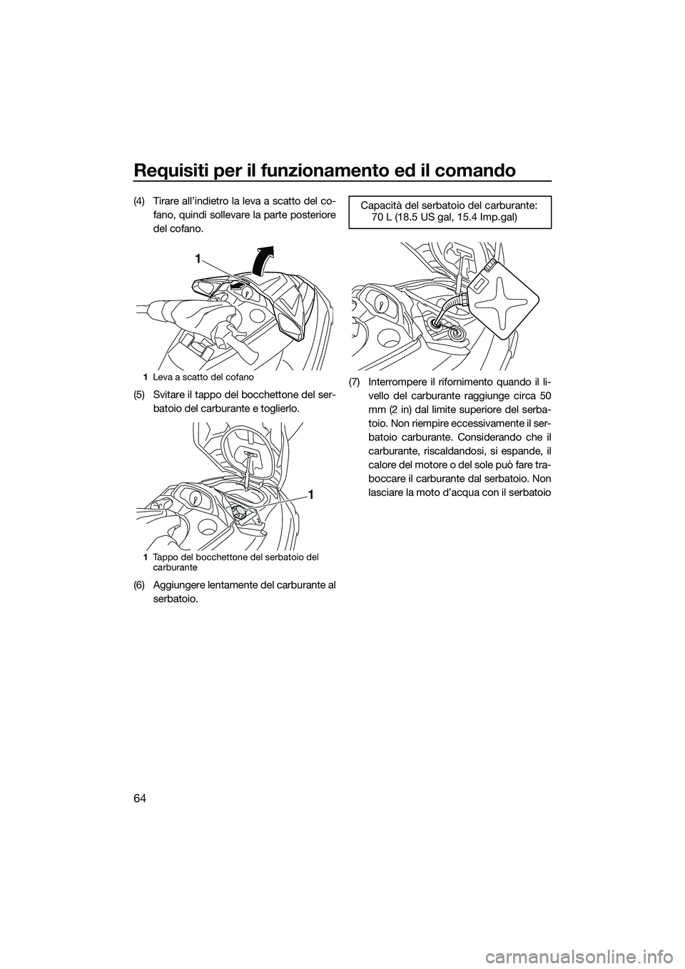 YAMAHA FX HO CRUISER 2015 Manuale duso (in Italian) Requisiti per il funzionamento ed il comando
64
(4) Tirare all’indietro la leva a scatto del co-fano, quindi sollevare la parte posteriore
del cofano.
(5) Svitare il tappo del bocchettone del ser- b YAMAHA FX HO CRUISER 2015 Manuale duso (in Italian) Requisiti per il funzionamento ed il comando
64
(4) Tirare all’indietro la leva a scatto del co-fano, quindi sollevare la parte posteriore
del cofano.
(5) Svitare il tappo del bocchettone del ser- b