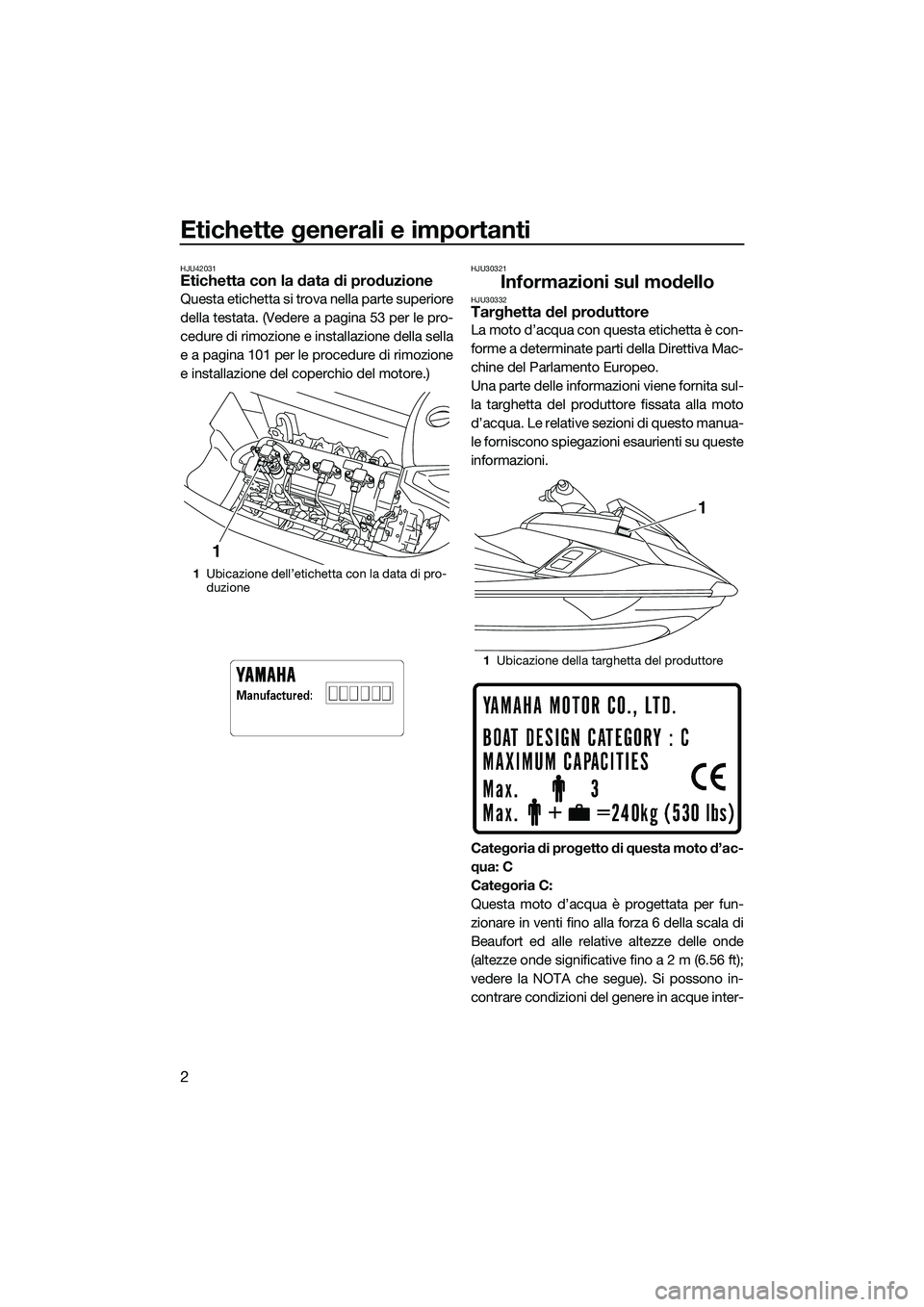 YAMAHA FX HO CRUISER 2015 Manuale duso (in Italian) Etichette generali e importanti
2
HJU42031Etichetta con la data di produzione
Questa etichetta si trova nella parte superiore
della testata. (Vedere a pagina 53 per le pro-
cedure di rimozione e insta YAMAHA FX HO CRUISER 2015 Manuale duso (in Italian) Etichette generali e importanti
2
HJU42031Etichetta con la data di produzione
Questa etichetta si trova nella parte superiore
della testata. (Vedere a pagina 53 per le pro-
cedure di rimozione e insta