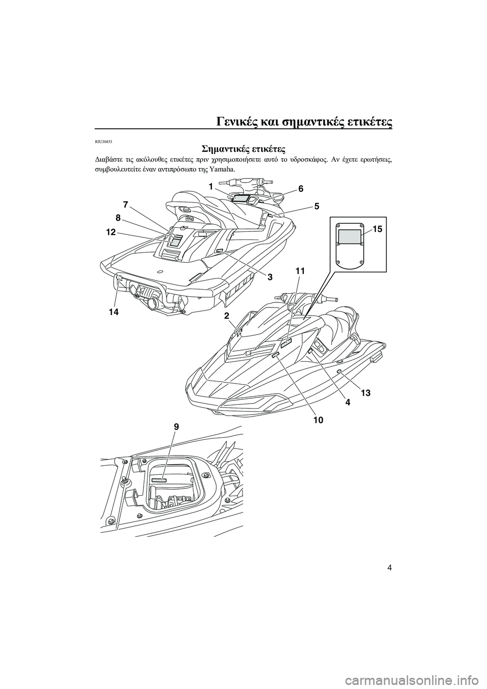 YAMAHA FX HO CRUISER 2014 ΟΔΗΓΌΣ ΧΡΉΣΗΣ (in Greek) Γενικές και σημαντικές ετικέτες
4
RJU30453
Σημαντικές ετικέτες
Διαβάστε τις ακόλουθες ετικέτες πριν χρησιμο YAMAHA FX HO CRUISER 2014 ΟΔΗΓΌΣ ΧΡΉΣΗΣ (in Greek) Γενικές και σημαντικές ετικέτες
4
RJU30453
Σημαντικές ετικέτες
Διαβάστε τις ακόλουθες ετικέτες πριν χρησιμο