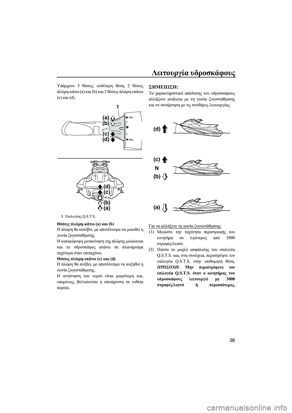YAMAHA FX HO CRUISER 2014 ΟΔΗΓΌΣ ΧΡΉΣΗΣ (in Greek) Λειτουργία υδροσκάφους
36
Υπάρχουν 5 θέσεις : ουδέτερη θέση , 2 θέσεις
πλώρη -κάτω (a) και (b) και 2 θέσεις πλώρη -ε YAMAHA FX HO CRUISER 2014 ΟΔΗΓΌΣ ΧΡΉΣΗΣ (in Greek) Λειτουργία υδροσκάφους
36
Υπάρχουν 5 θέσεις : ουδέτερη θέση , 2 θέσεις
πλώρη -κάτω (a) και (b) και 2 θέσεις πλώρη -ε