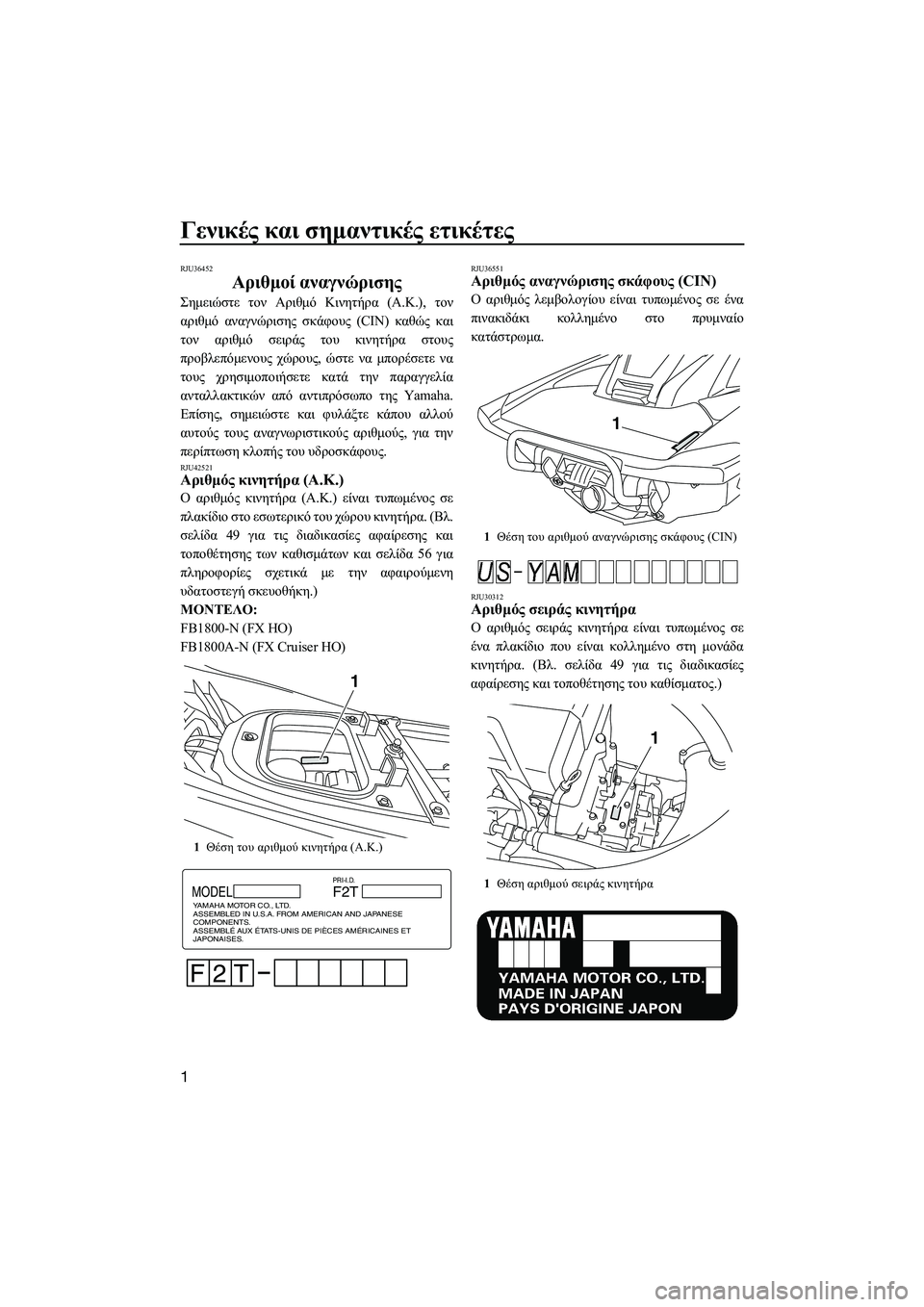 YAMAHA FX HO CRUISER 2014  ΟΔΗΓΌΣ ΧΡΉΣΗΣ (in Greek) Γενικές και  σημαντικές  ετικέτες
1
RJU36452
Αριθμοί  αναγνώρισης
Σημειώστε  τον  Αριθμό  Κινητήρα  (Α.Κ .),  τον
αριθ�