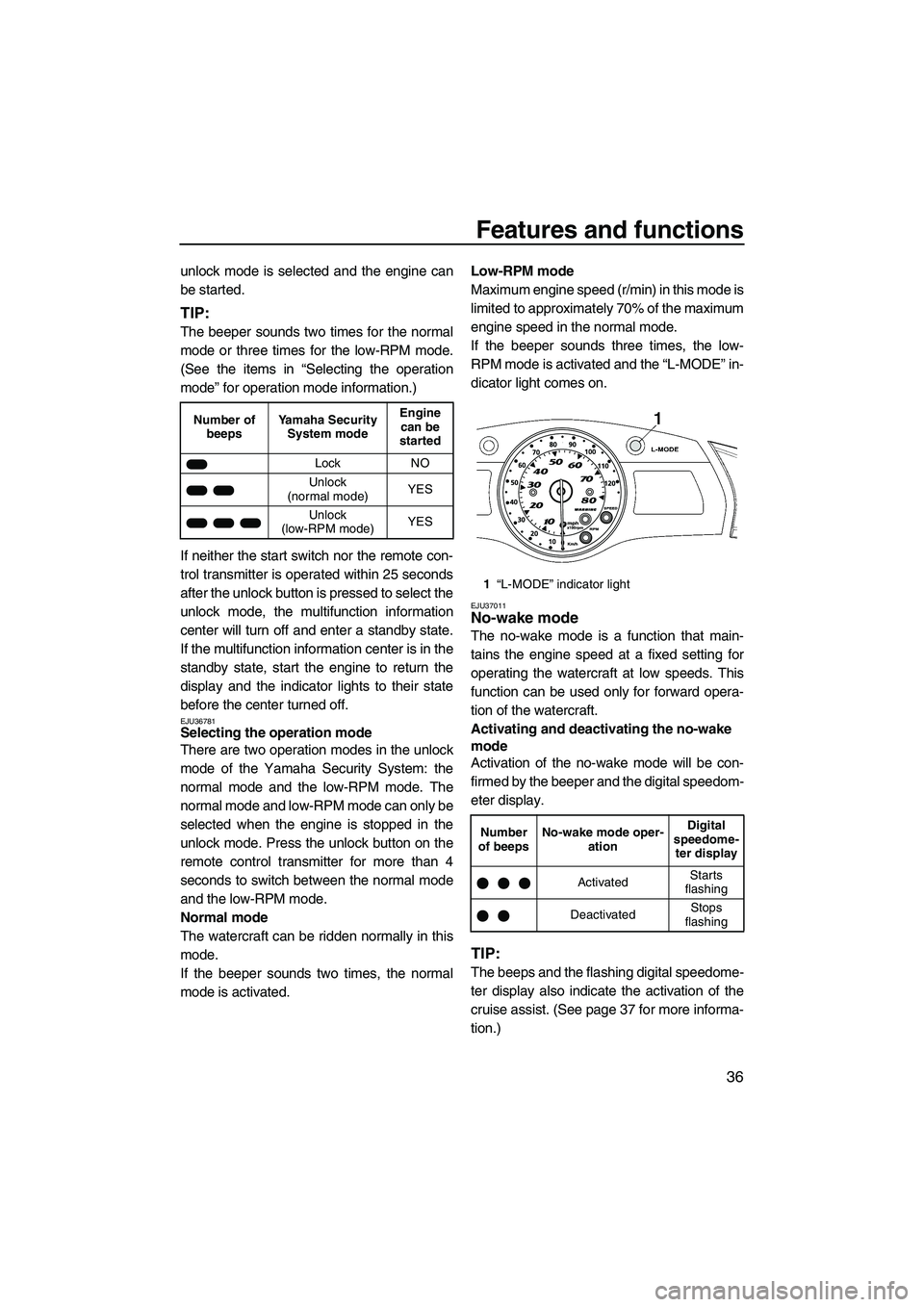 YAMAHA FX HO CRUISER 2009  Owners Manual Features and functions
36
unlock mode is selected and the engine can
be started.
TIP:
The beeper sounds two times for the normal
mode or three times for the low-RPM mode.
(See the items in “Selectin